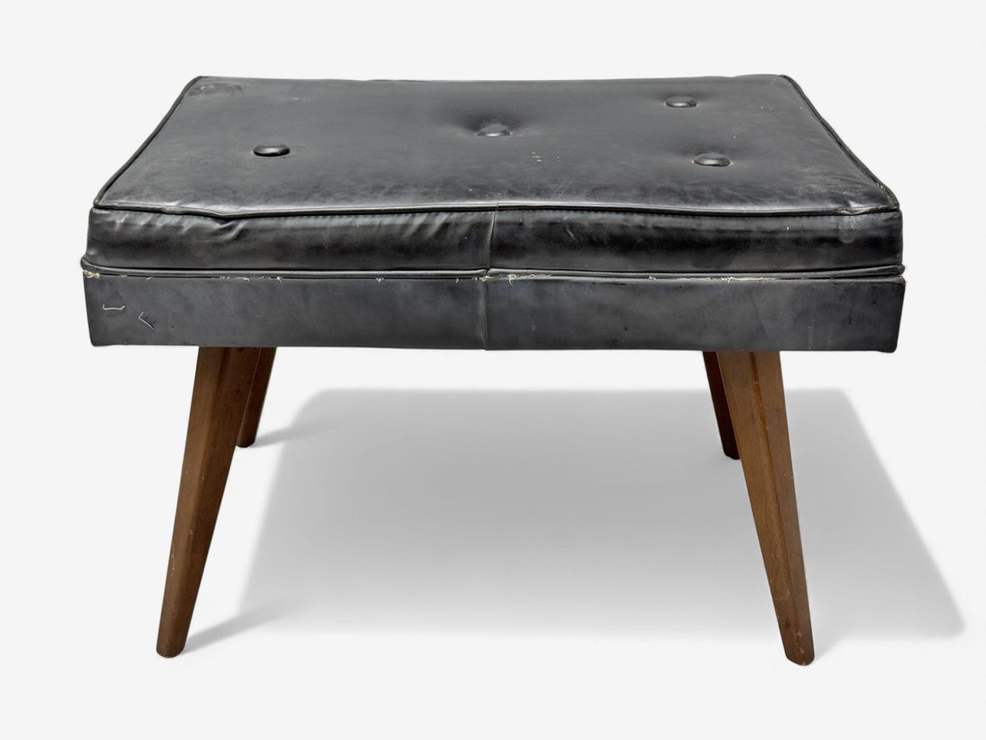 Danish Modern, Black Leatherette, Stained Wood, Footstool, Denmark, 1950s