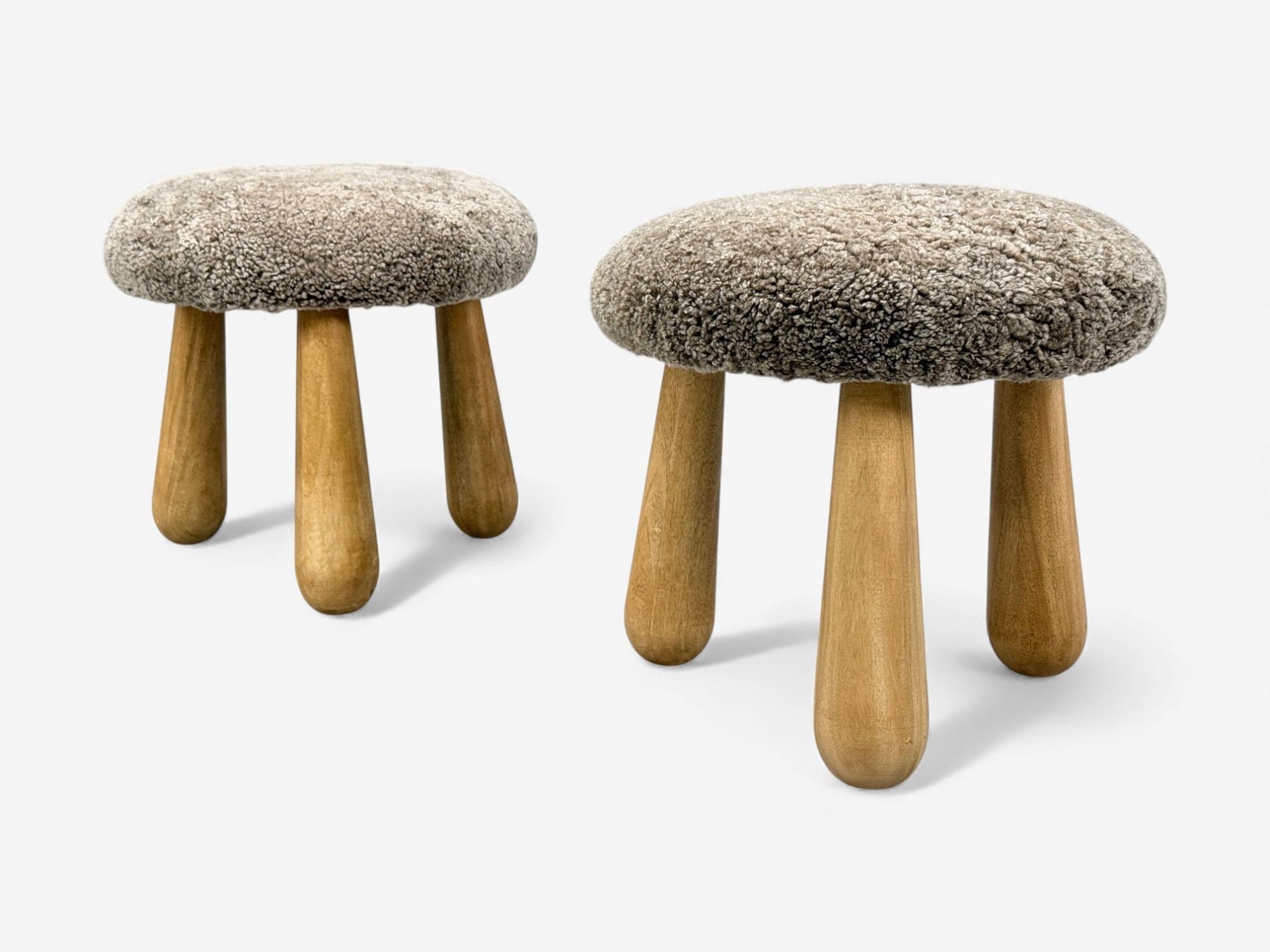 Danish Modern Style, Gray Sheepskin, Maple, Shearling Footstools, 21st c.