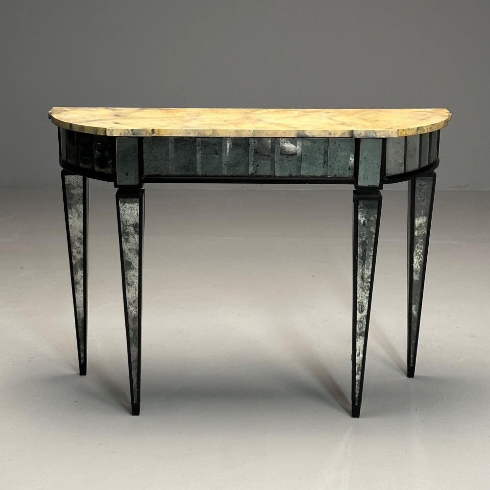 Maison Jansen Style, Directoire, Demilune Console Table, Distressed Mirror