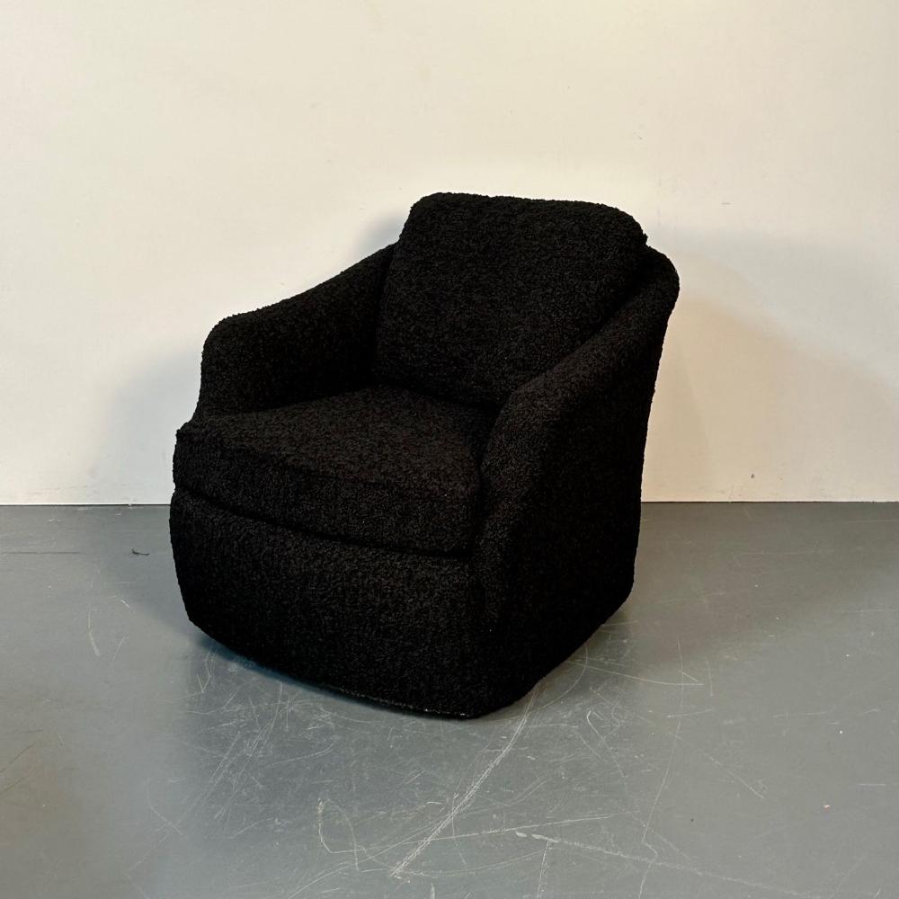 Mid-Century Modern Black Boucle Tub / Swivel / Lounge Chair, Faux Fur