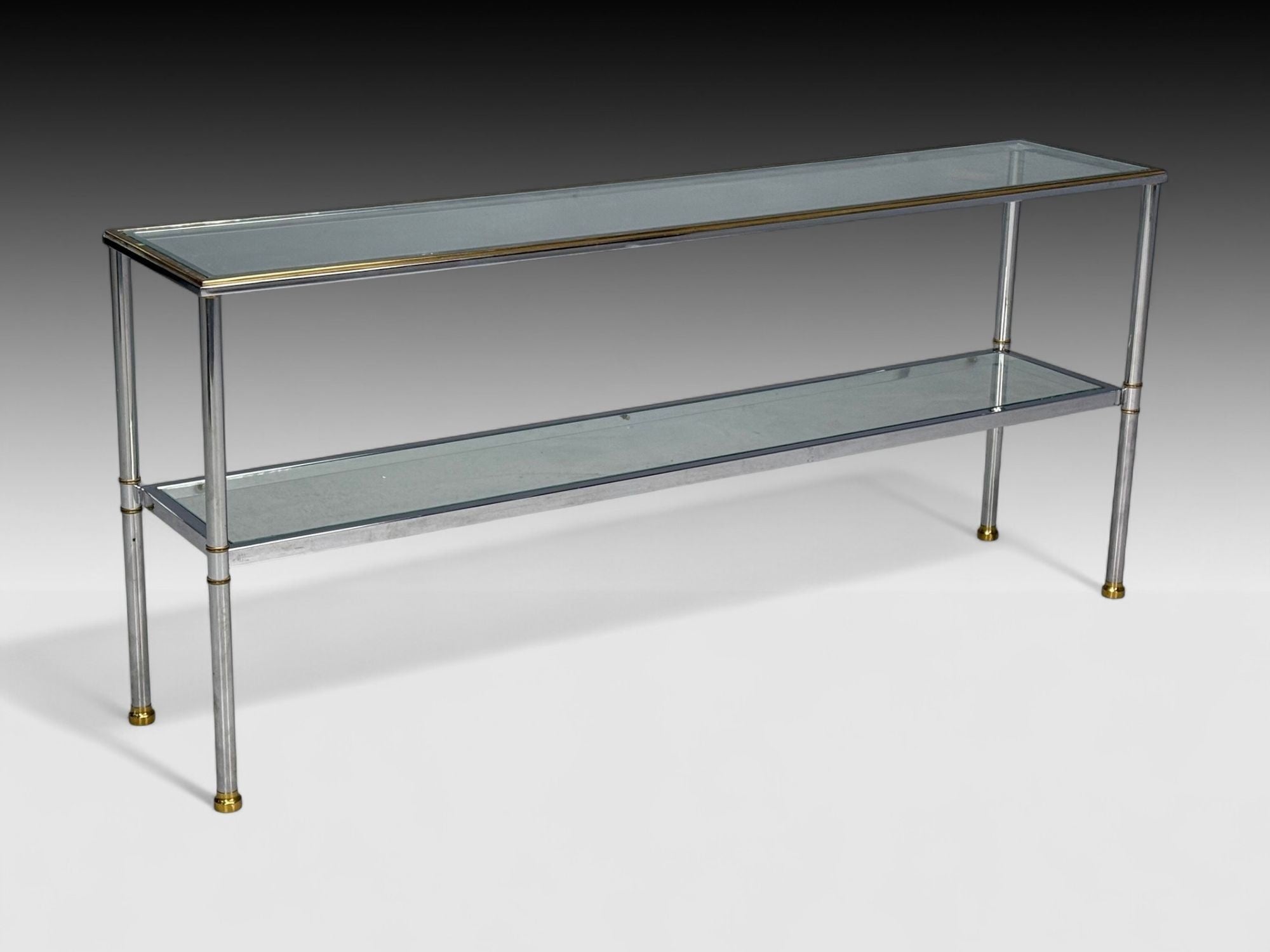 Maison Jansen Style, Steel, Brass, Glass, Console Table, France, 1970s