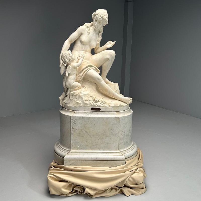 Jean-Marie Boucher, Venus and Cupid Marble Statue, White Marble, Romantic, 1910