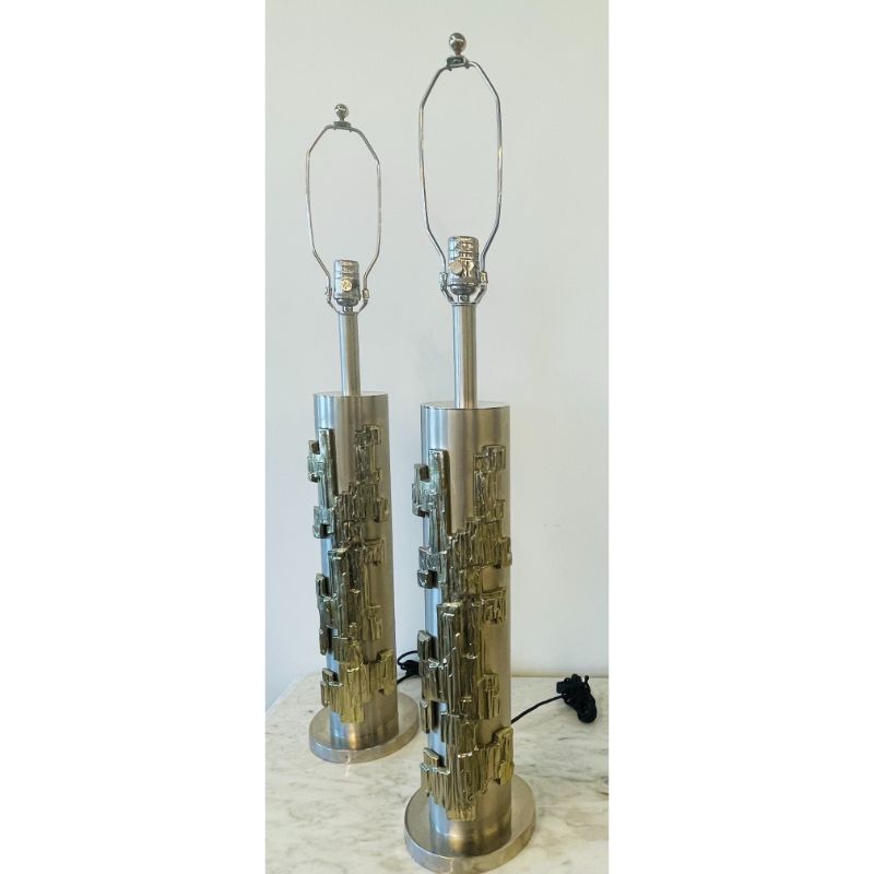 A Pair of Modernist Table Lamps, Brushed Nickel and Sculptural Metal, 1970s