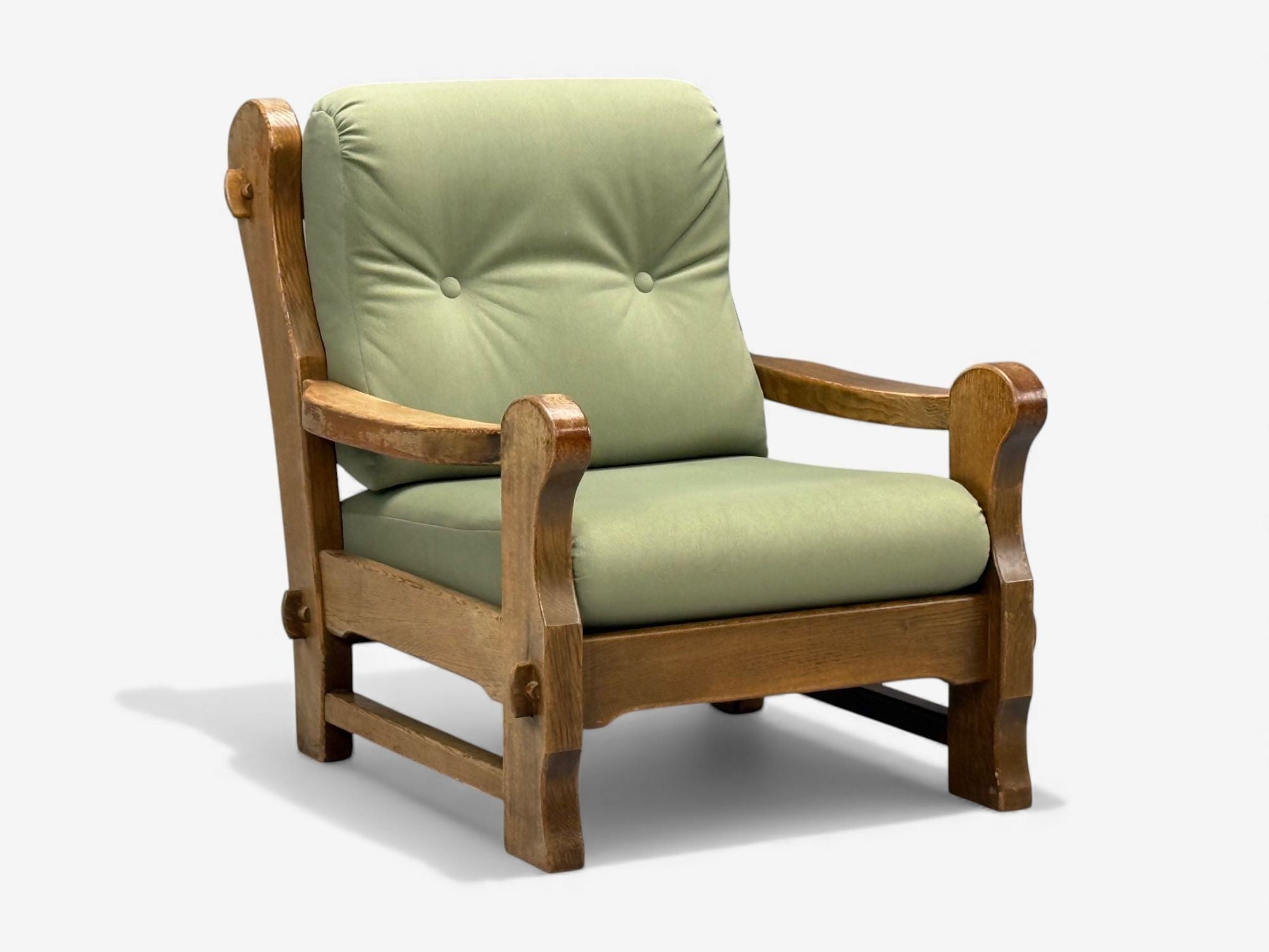 Danish Modern, Oak, Green Nubuck, Brutalist Lounge Chair, Denmark, 1960s