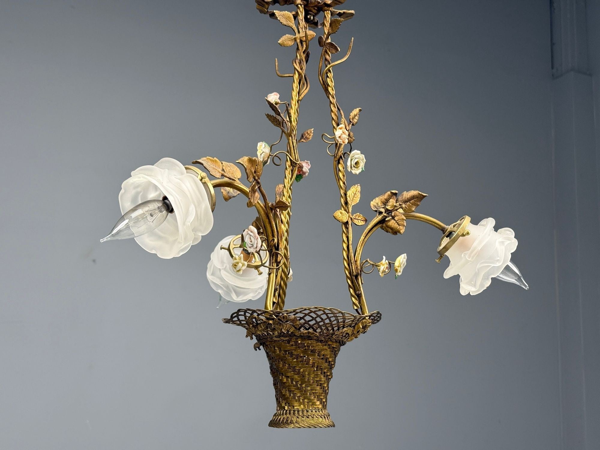Belle Epoque Style, Basket Chandelier, Bronze, Porcelain, 1940s