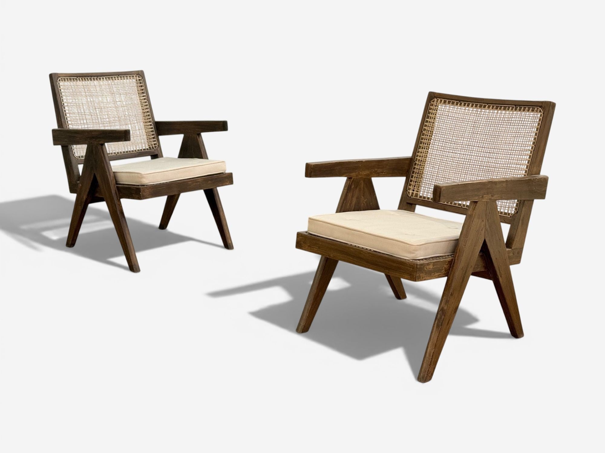Pierre Jeanneret, Teak, Cane, Low Easy Chairs, Chandigarh, India c. 1960s