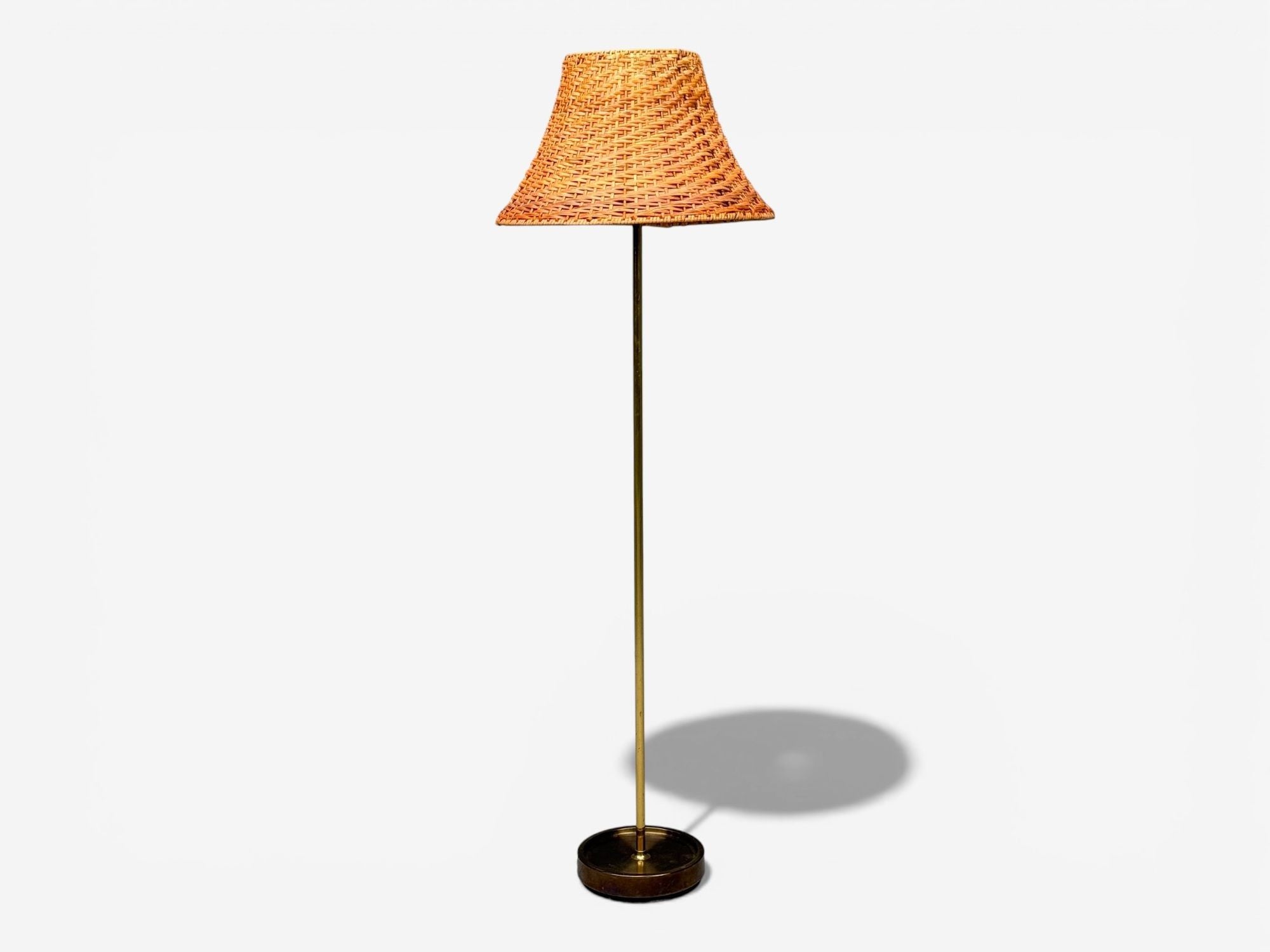 Falkenbergs Belysning, Floor Lamp, Brass, Rattan, Sweden, 1950s