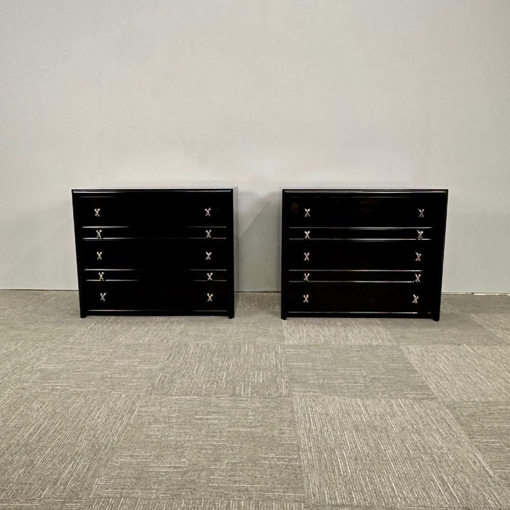 Pair Mid-Century Modern Commodes / Nightstands, Paul Frankl Style, Ebony Lacquer