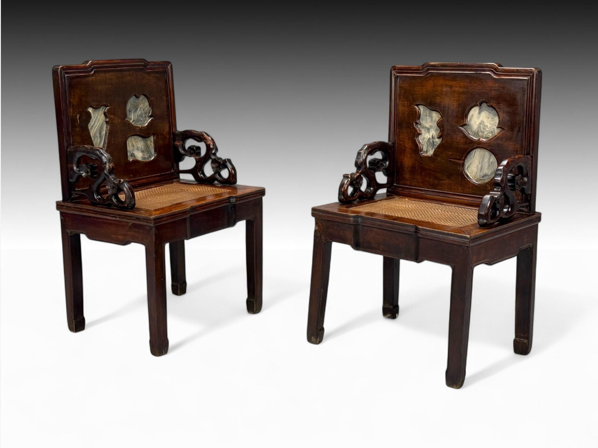 Qing Dynasty Style, Hardwood, Cane, Marble, Chinese Armchairs, China, 19th c.