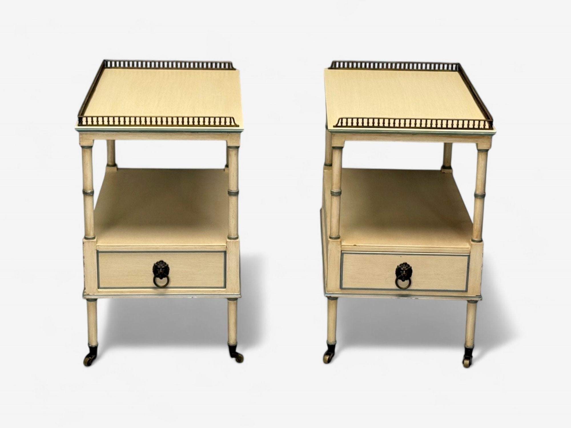 Kittinger, Hollywood Regency Style, Side Tables, Faux Bamboo Painted Wood, Brass