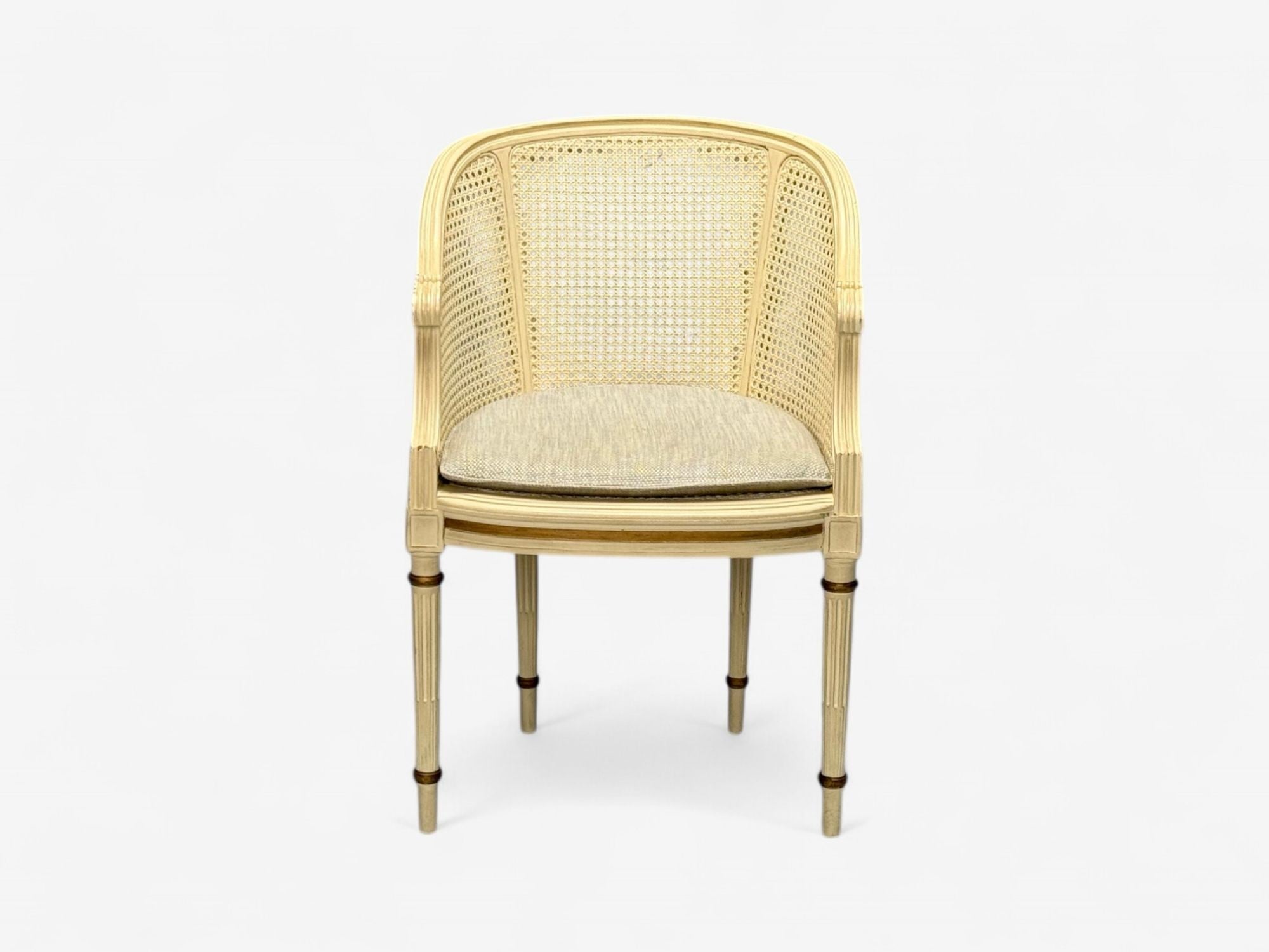 Louis XVI Style, Barrel Back Occasional Chair, Cream Painted Wood, Cane, 1960s