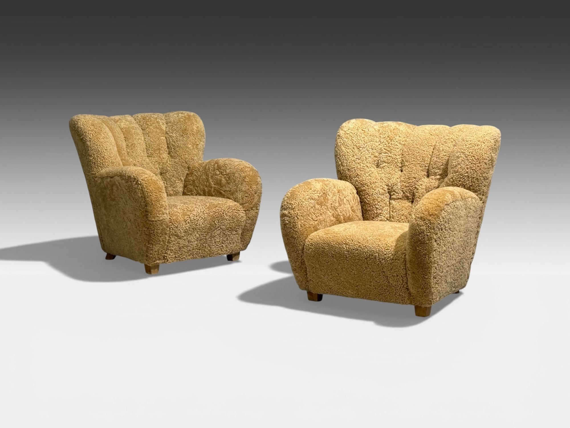 Finnish Modern, Organic Lounge Chairs, Shearling, Wood, Finland, 1940s