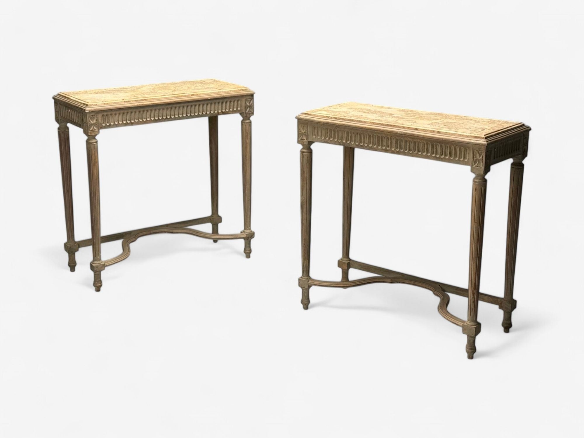 Gustavian, Louis XVI Style, Console Tables, Distressed Grey Wood, Marble, France