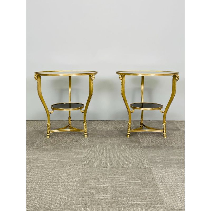 Pair of French Rams Head Gueridon, End or Side Tables, Black Marble Top, Bronze