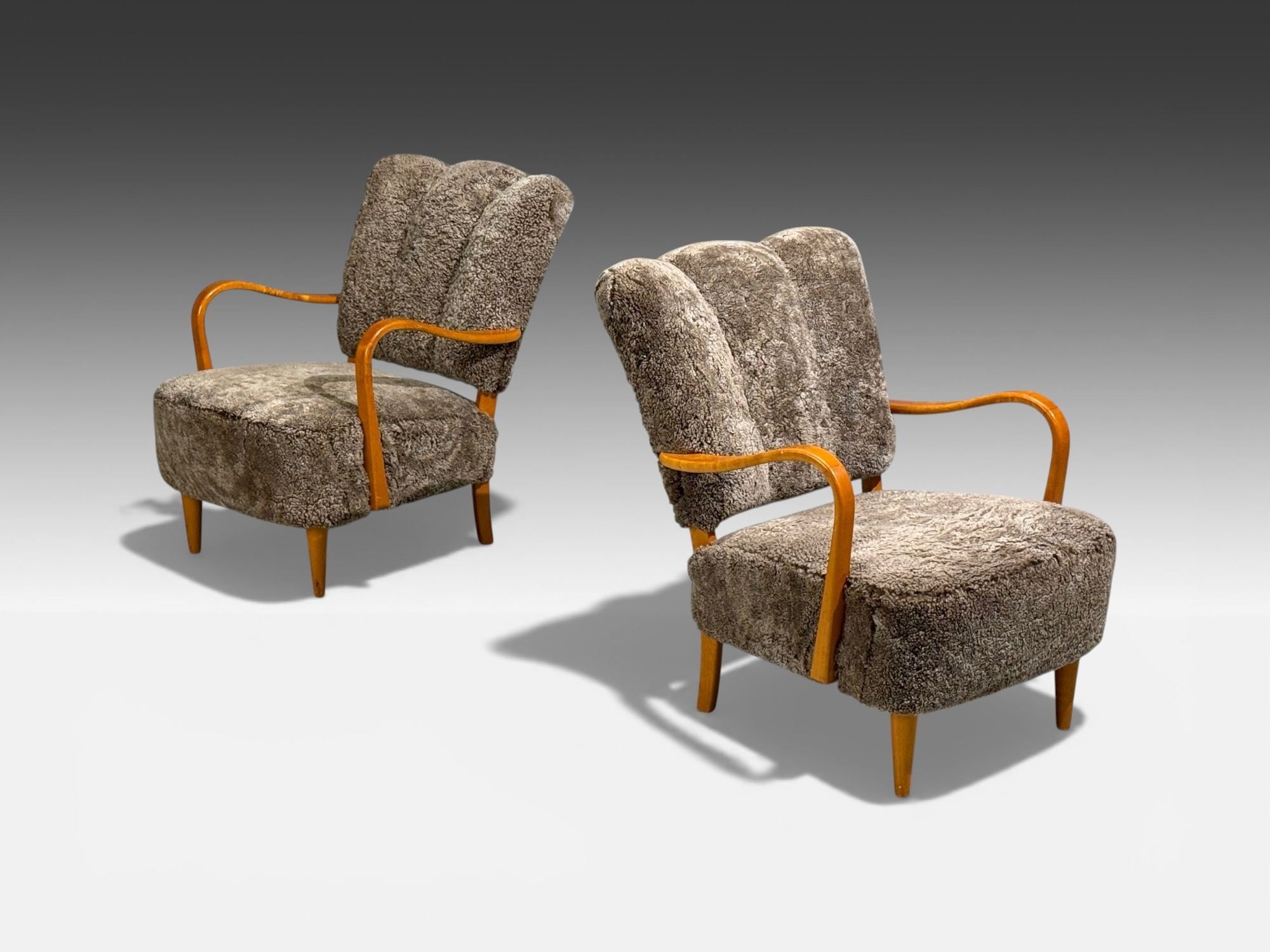 Swedish Modern, Lounge Chairs, Elm, Gray Shearling, Sweden, 1940s