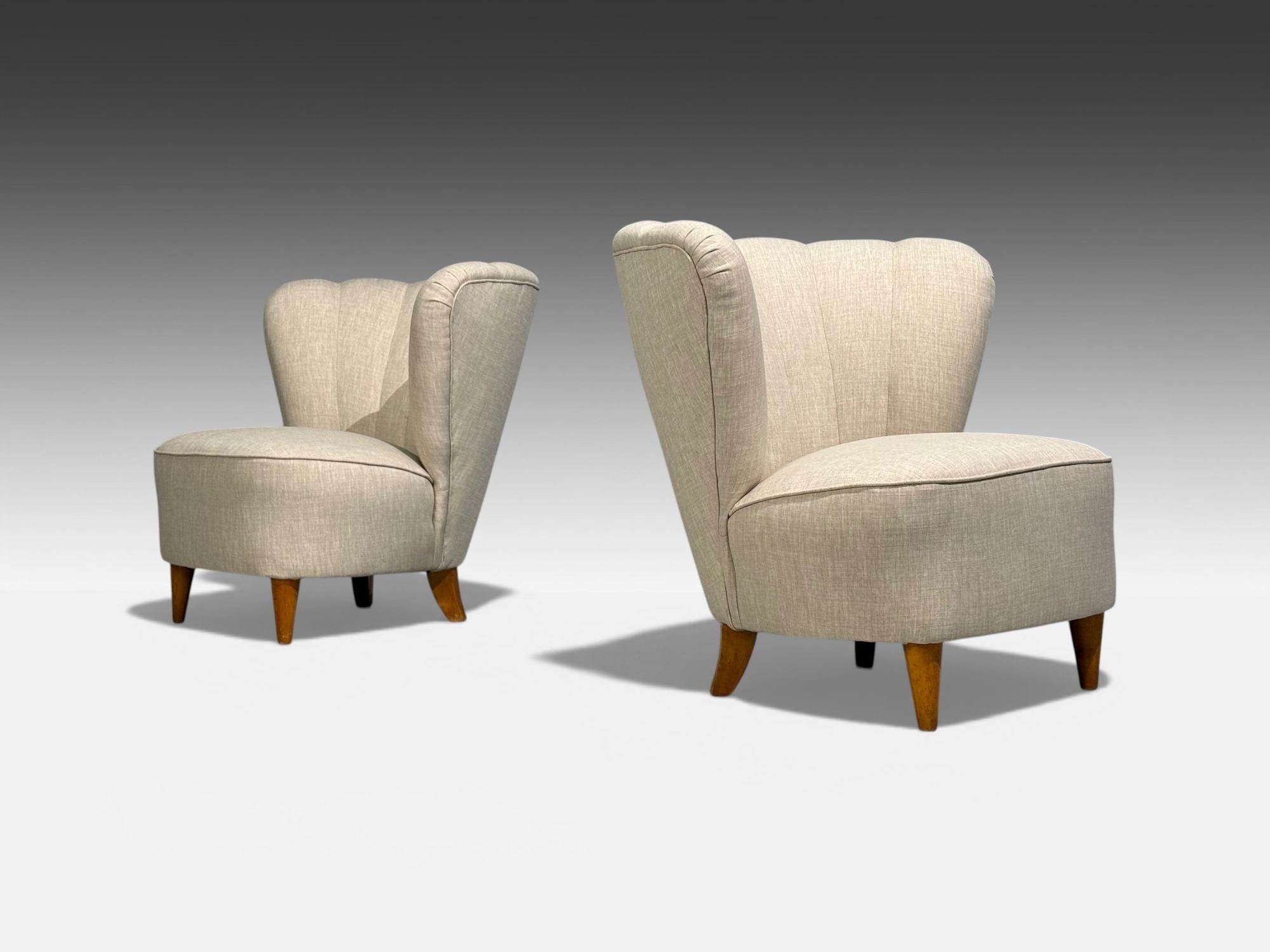 Carl-Johan Boman, Easy Chairs, Beige Linen, Wood, Finland, 1950s