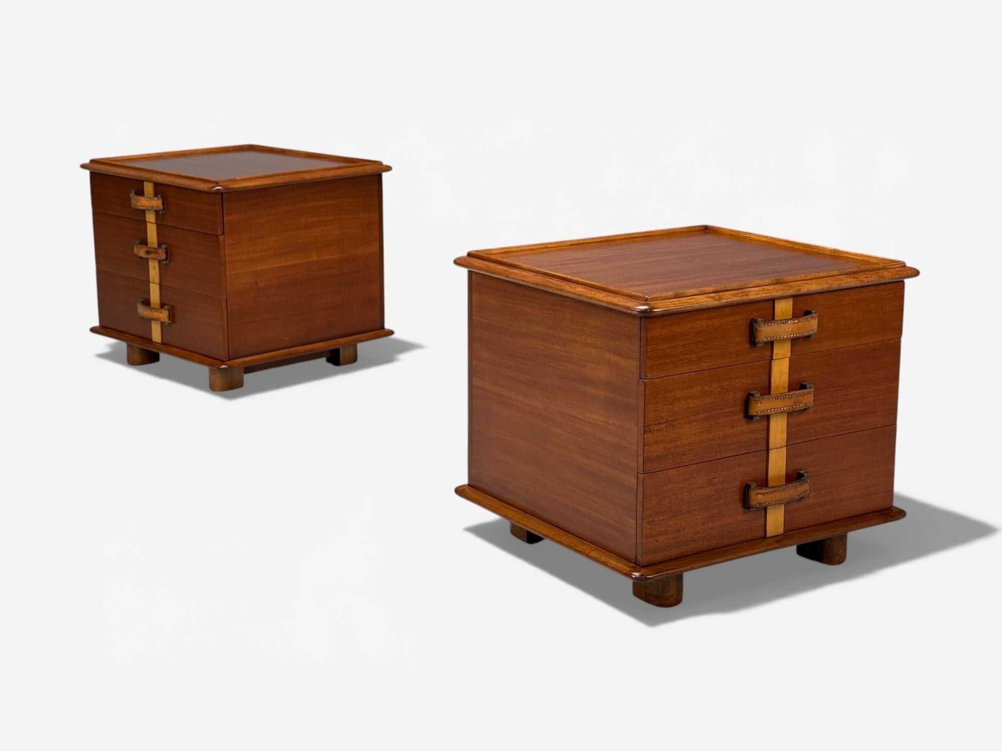 Paul Frankl, Rare Nightstands, Mahogany, Rock Maple, Brass, Leather, USA, 1950s