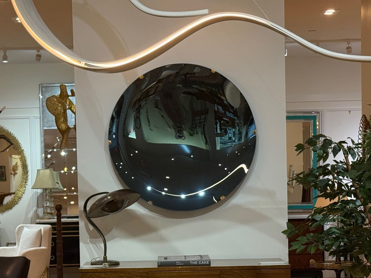 Contemporary, Modern Space Age Wall Mirror, Blue Concave Glass, Brass