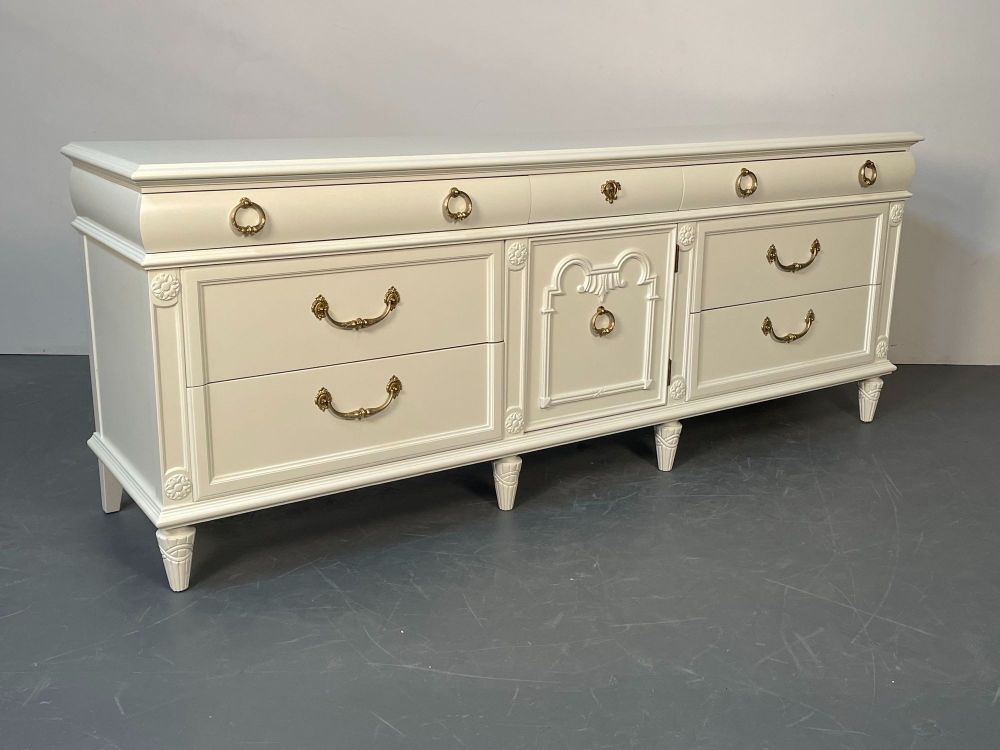 Louis XVI Style Painted Dresser, Mid Century Modern, Commode, Bronze, Off White