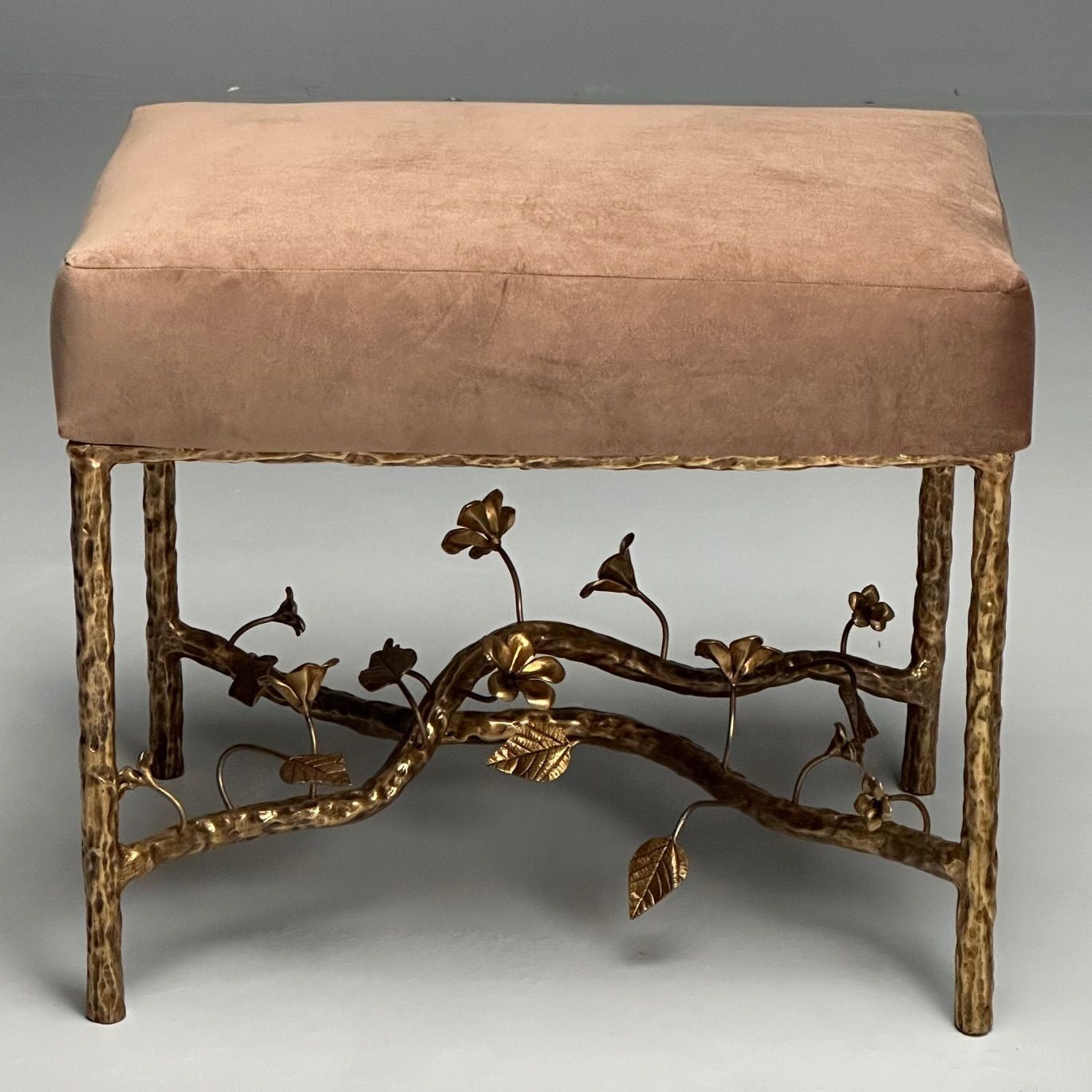 Giacometti Style, Hammered Bronze, Brown Velvet, Occasional Benches