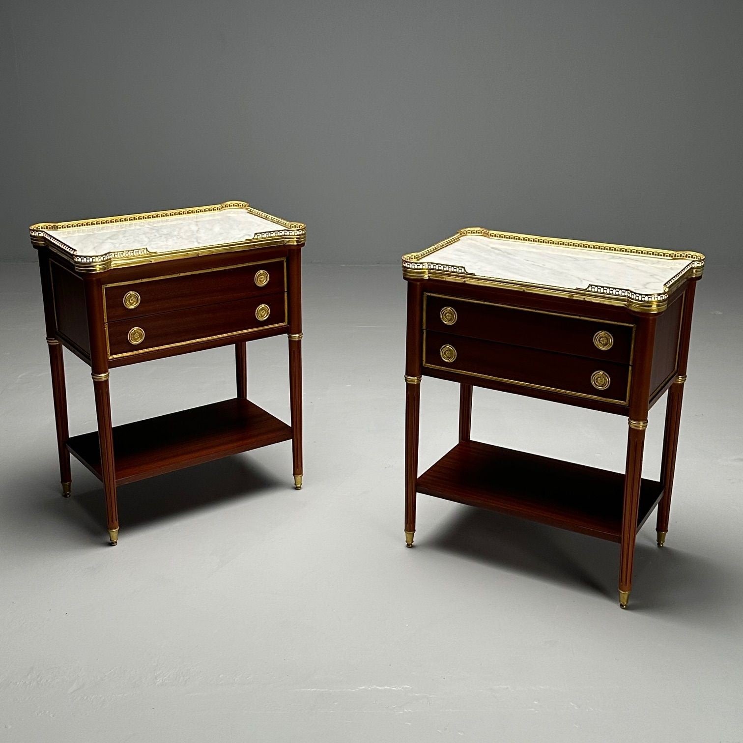 Maison Jansen Style, Hollywood Regency, Mahogany, Marble, Brass, Nightstands