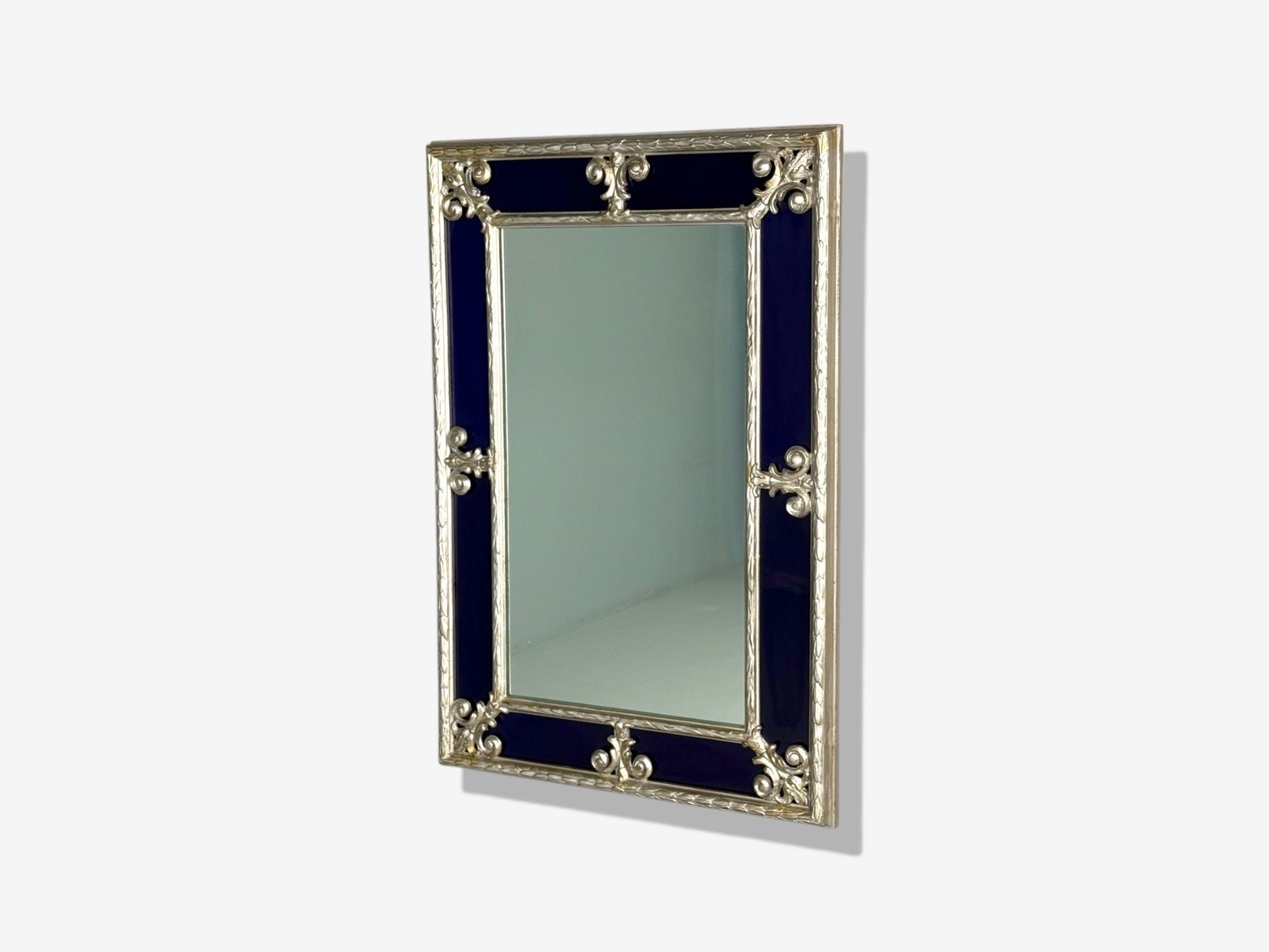 Hollywood Regency Style, Small Mirror, Cobalt Blue Glass, Silver Leaf, 1980s