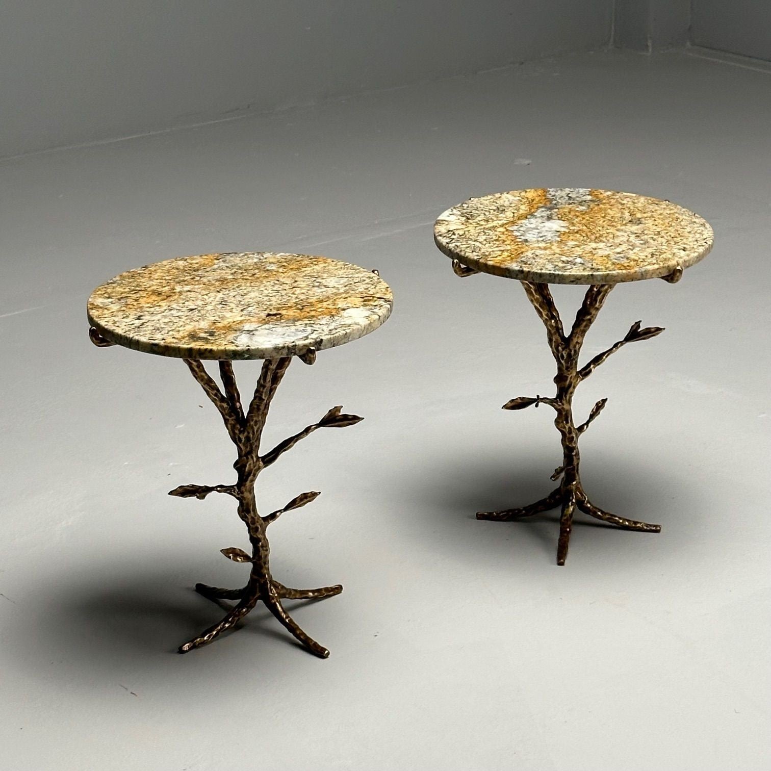 Giacometti Style, Contemporary, Modern Branch Side Tables, Bronze, Marble
