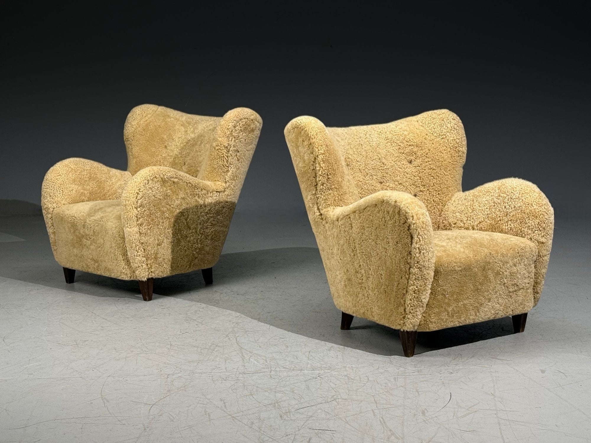 Swedish Modern, Organic Lounge Chairs, Shearling, Wood, Sweden, 1940s