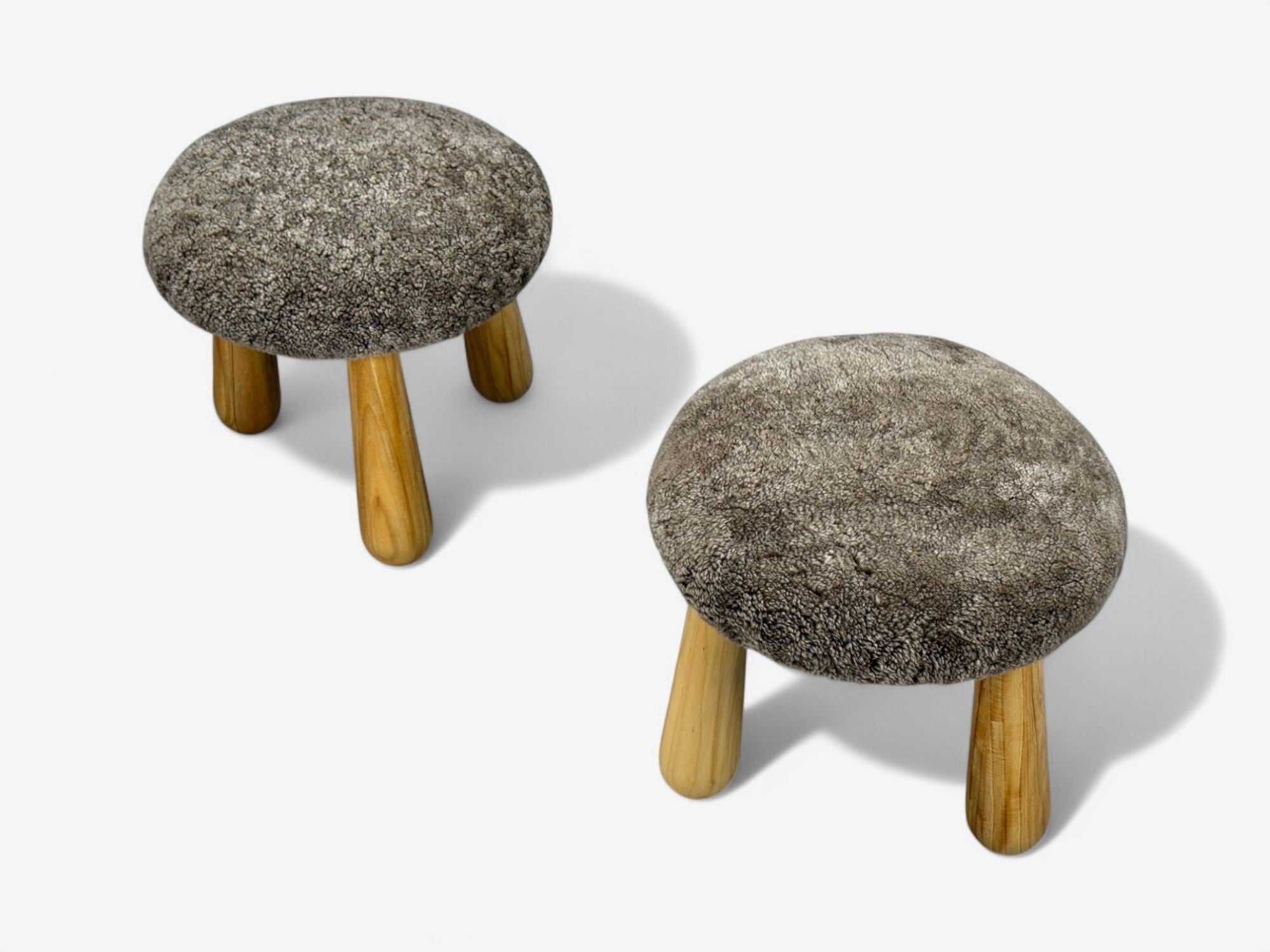 Danish Modern Style, Brown Sheepskin, Maple, Shearling Footstools, 21st c.