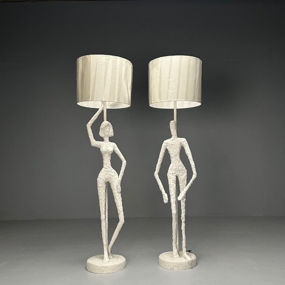 Giacometti Inspired, Contemporary, White Floor Lamps, Plaster, Wood, 2024