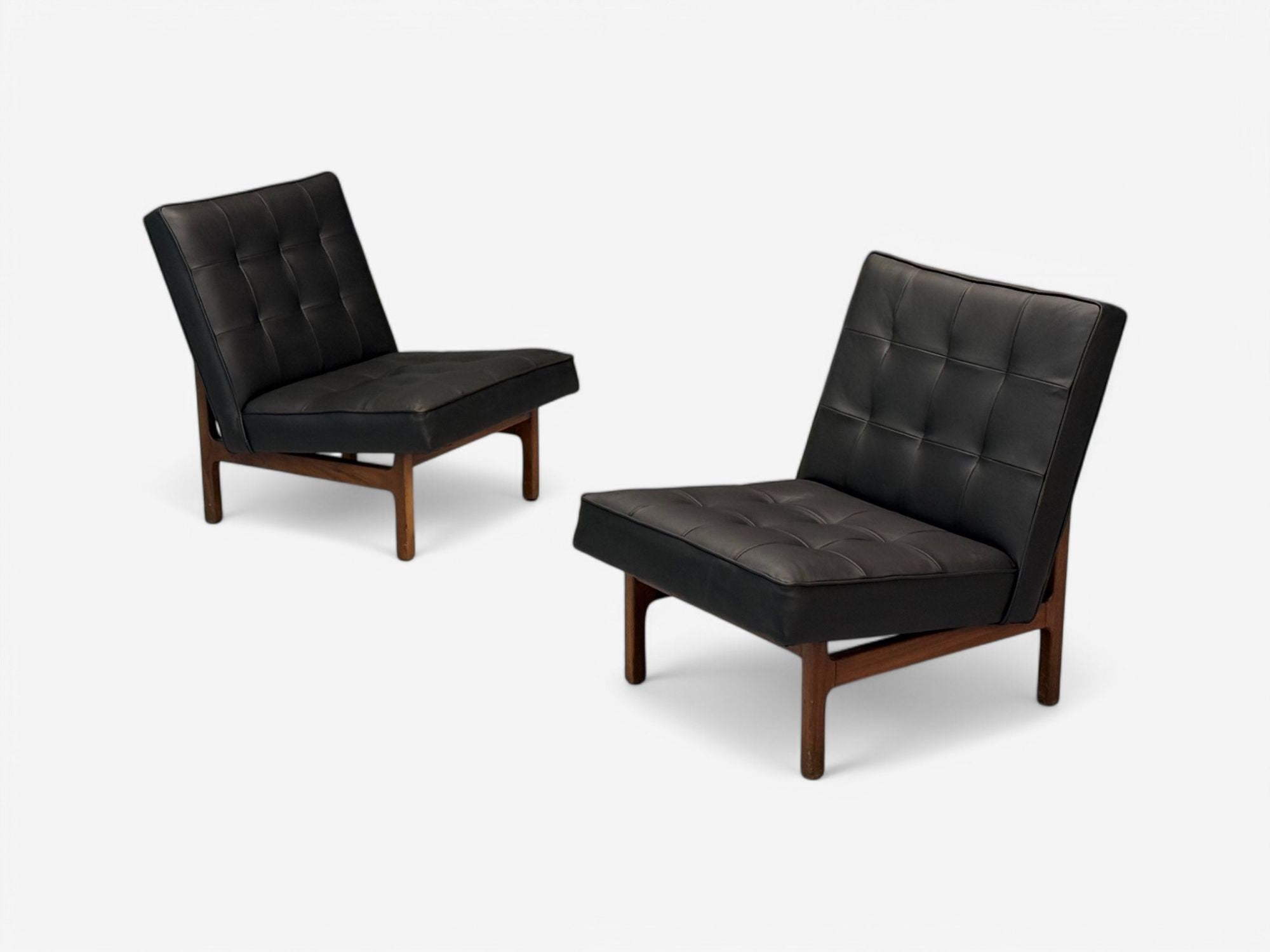 Thayer Coggin, Danish Modern Style, Tufted Black Leather, Lounge Chairs, 21st C.