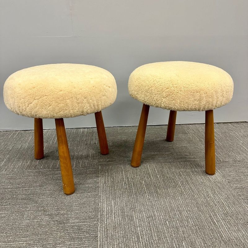 Pair Contemporary Swedish Modern Style Sheepskin Footstools / Ottomans, Beige