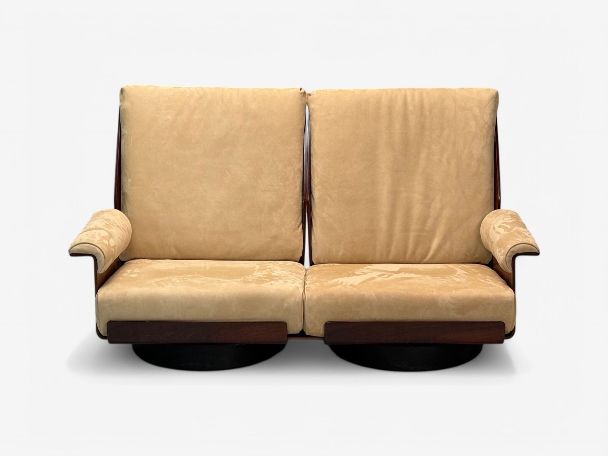 Bernard Brunier, French Mid-Century Modern, Rosewood, Suede, Settee, 1960s