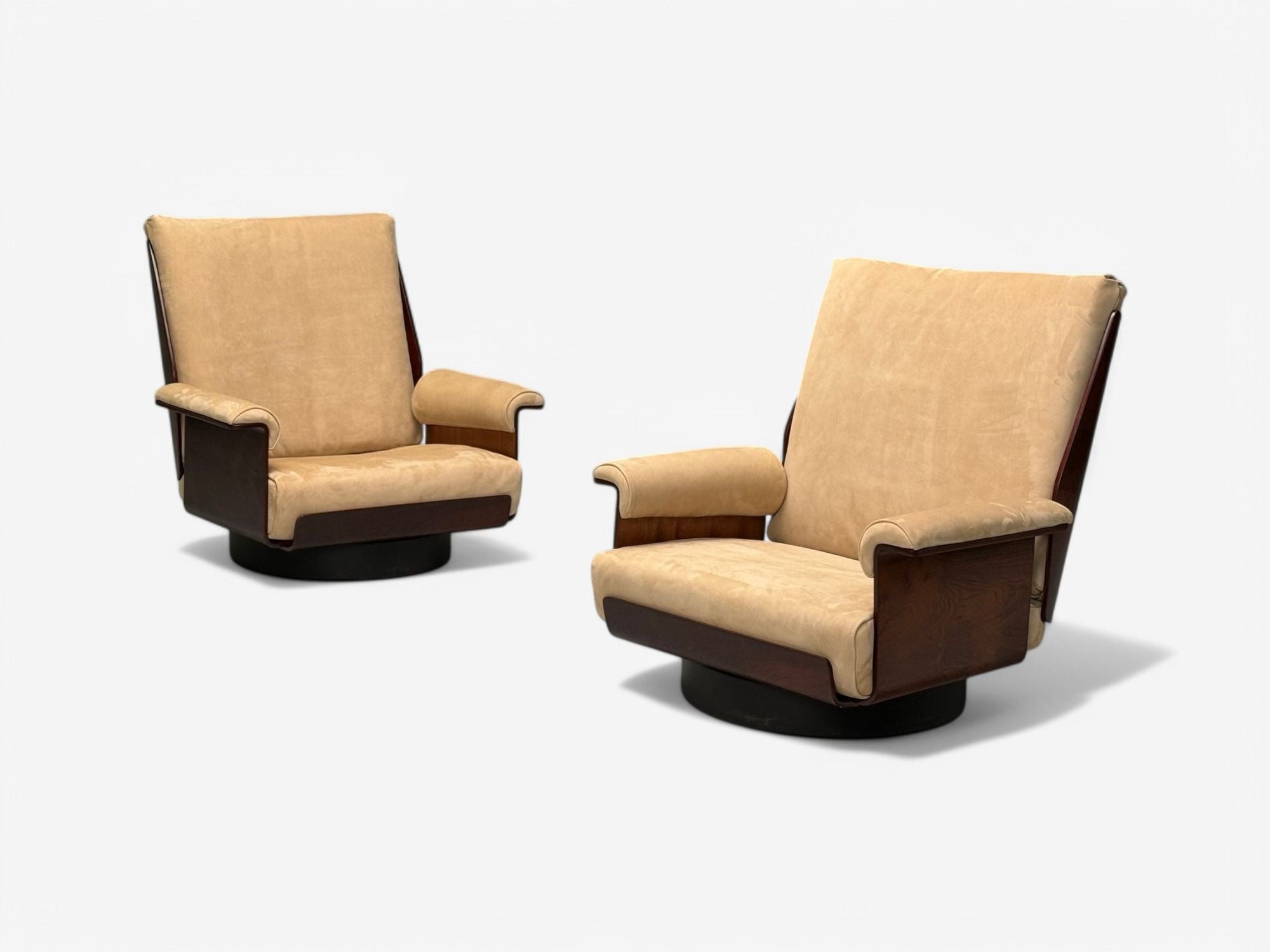 Bernard Brunier, French Mid-Century Modern, Rosewood, Suede, Low Lounge Chairs