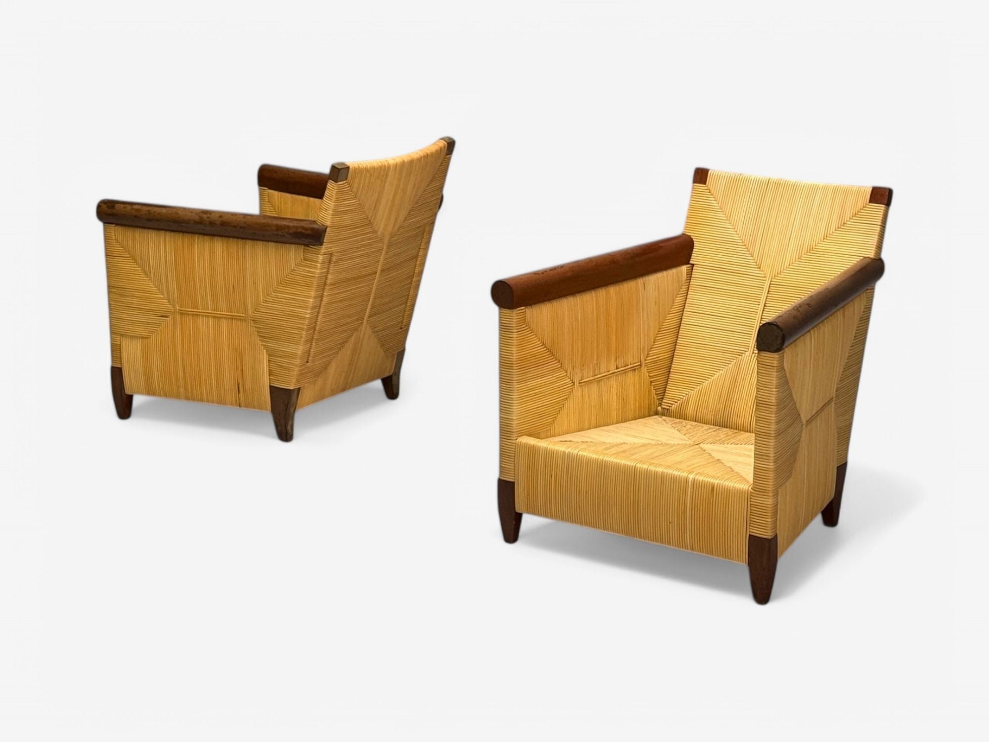 John Hutton, Donghia, Mahogany, Wicker Cane, Merbau Lounge Chairs, USA, 1995