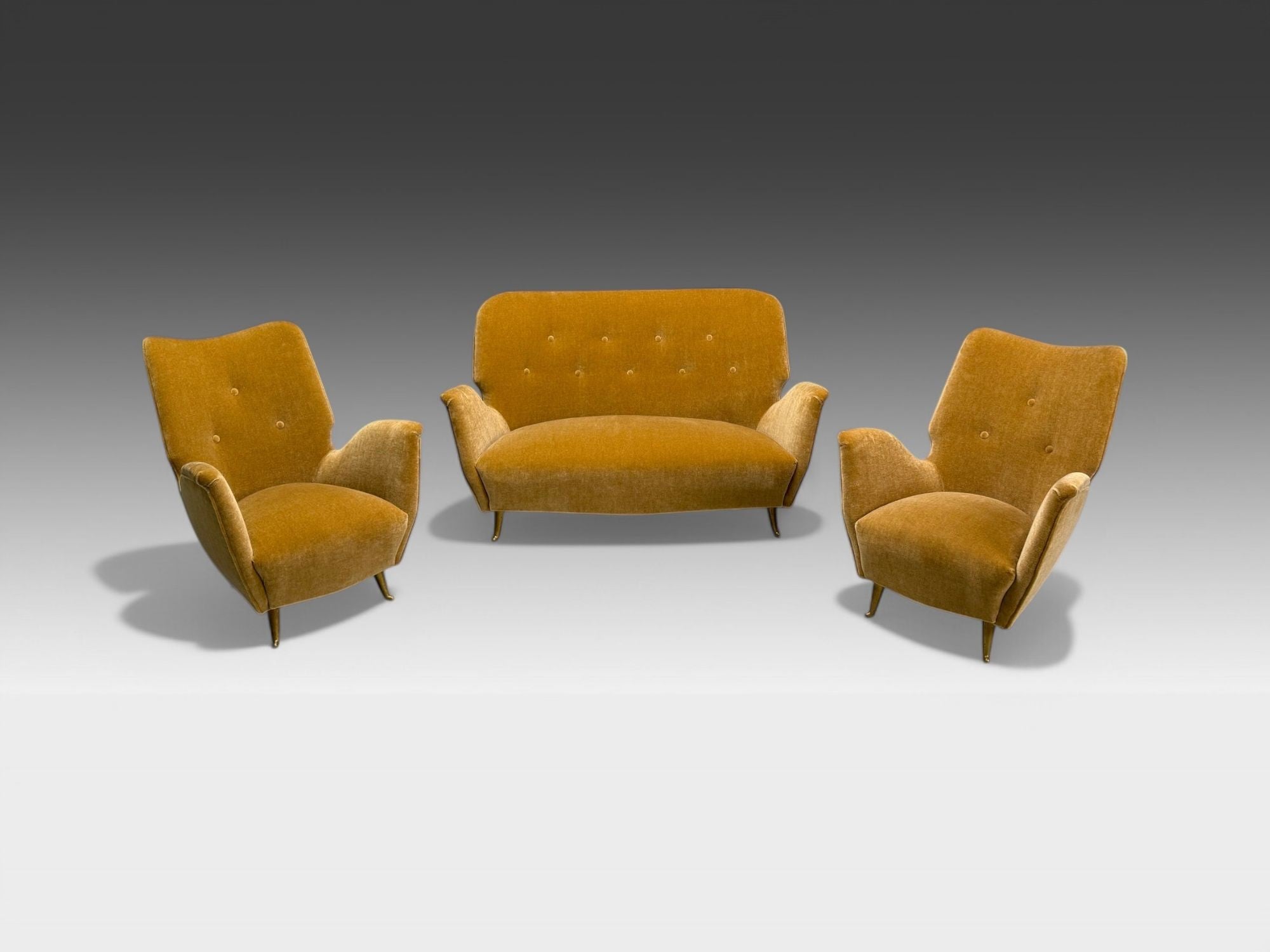 ISA Bergamo, Italian Mid-Century Modern, Bronze, Camel Mohair, Sofa Set, 1950s