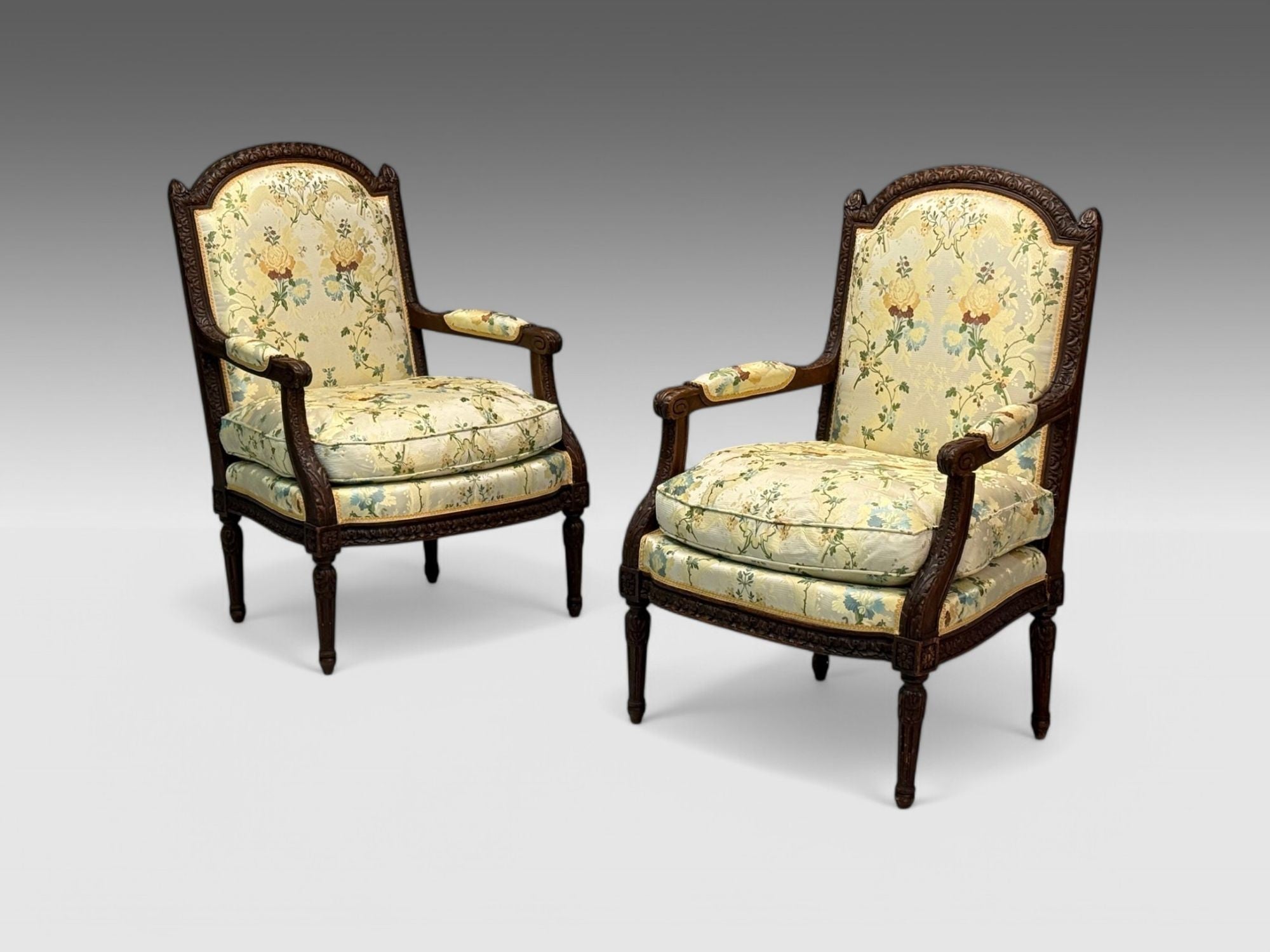 Louis XVI Style, Beechwood, Floral Fabric, Bergere Chairs, France, 1940s