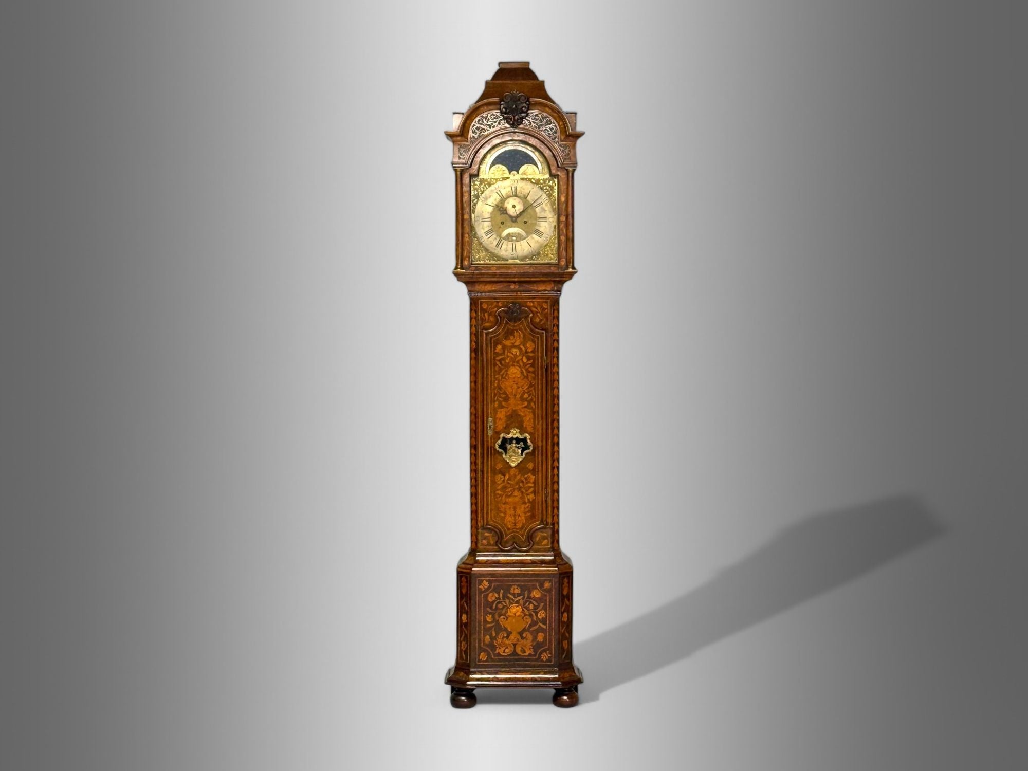 JP Kroese, Dutch Baroque, Marquetry, Moon Face Dial, Grandfather Clock, 18th C