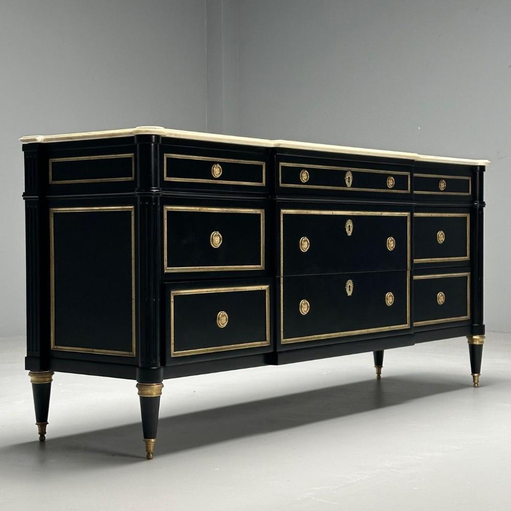 Maison Jansen, Hollywood Regency, Large Commode, Black Wood, Marble, 1940s