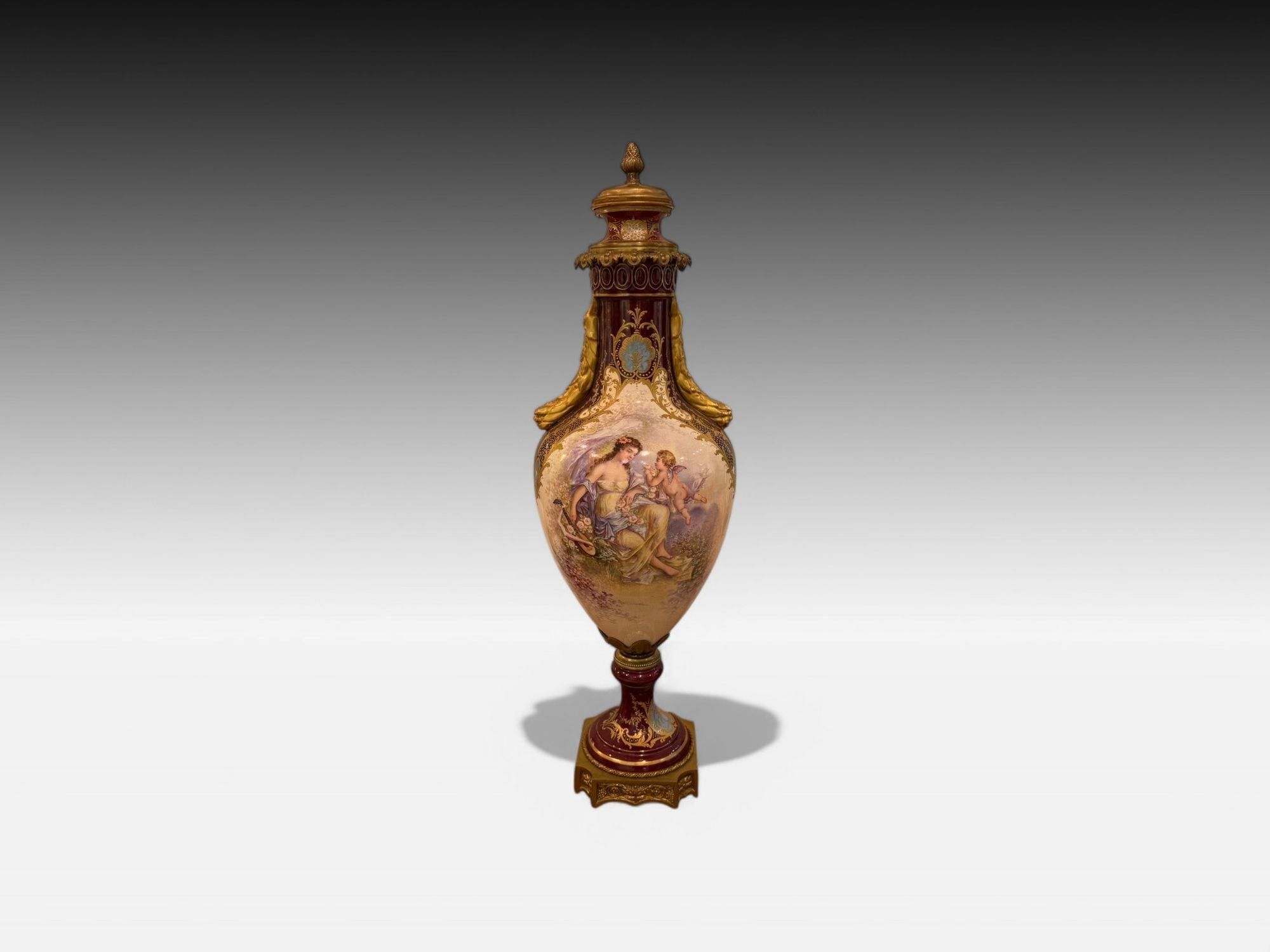 Sevres, Porcelain, Gilt Metal, Vase with Cherub and Maiden, France, 19th C.