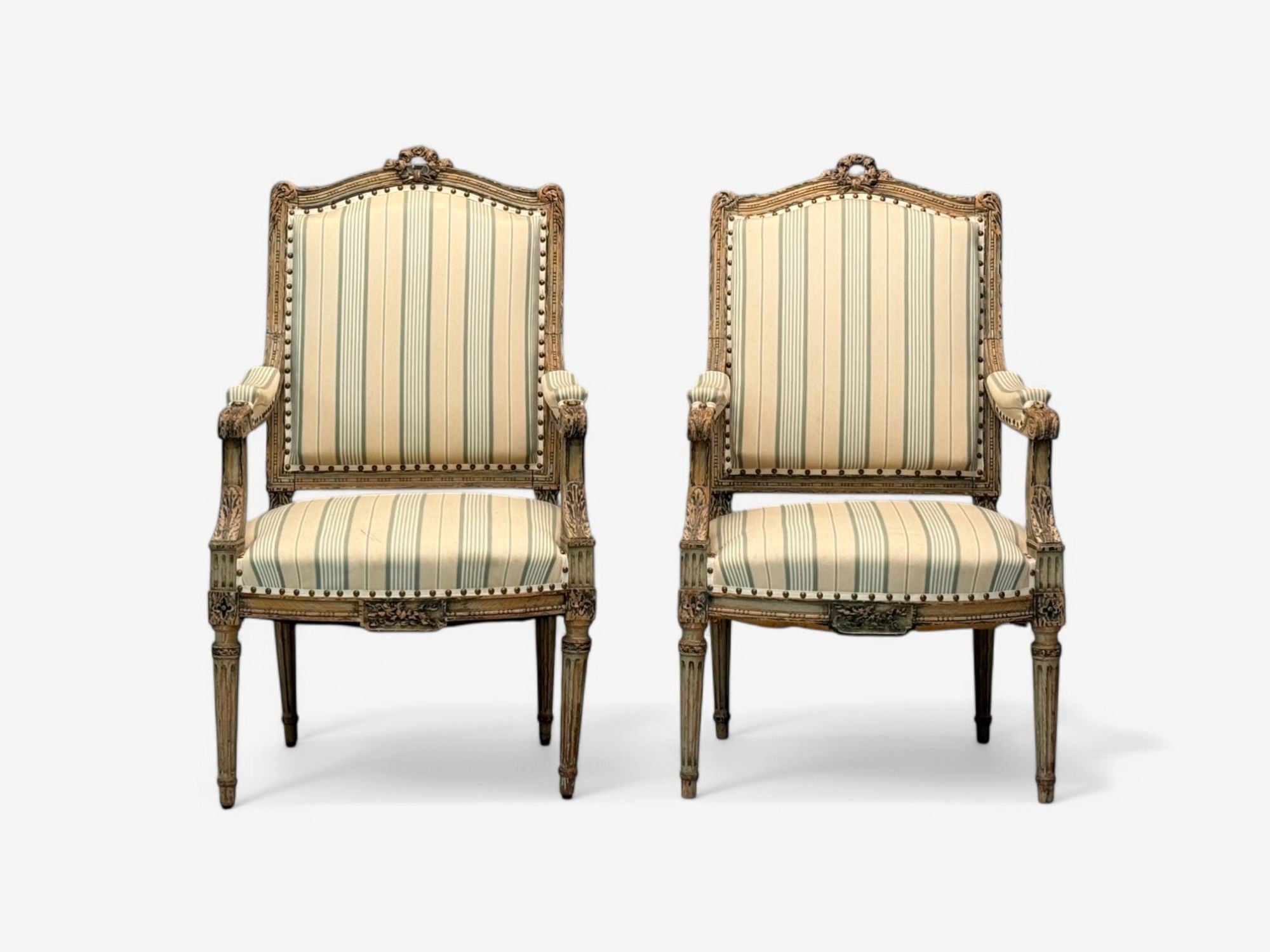 Maison Jansen attr, Louis XVI, Painted Wood, Fabric, Arm Chairs, France, 1940s