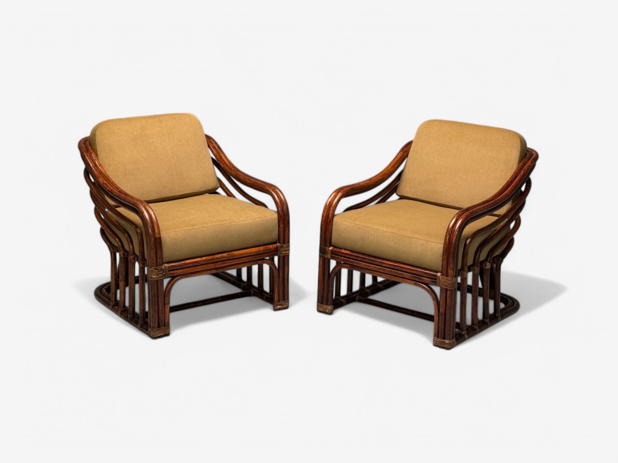 Brown Jordan, Mid-Century Modern, Bamboo, Camel Fabric, Lounge Chairs, 1960s