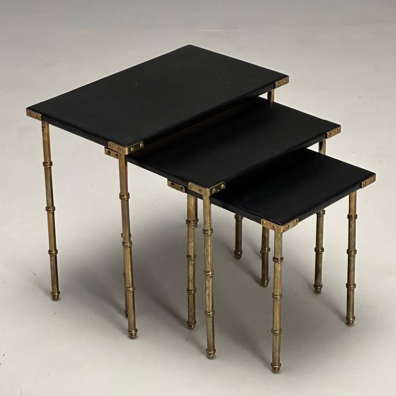 Jacques Adnet, French Mid-Century Modern, Nesting Tables, Leather, Brass, 1950s