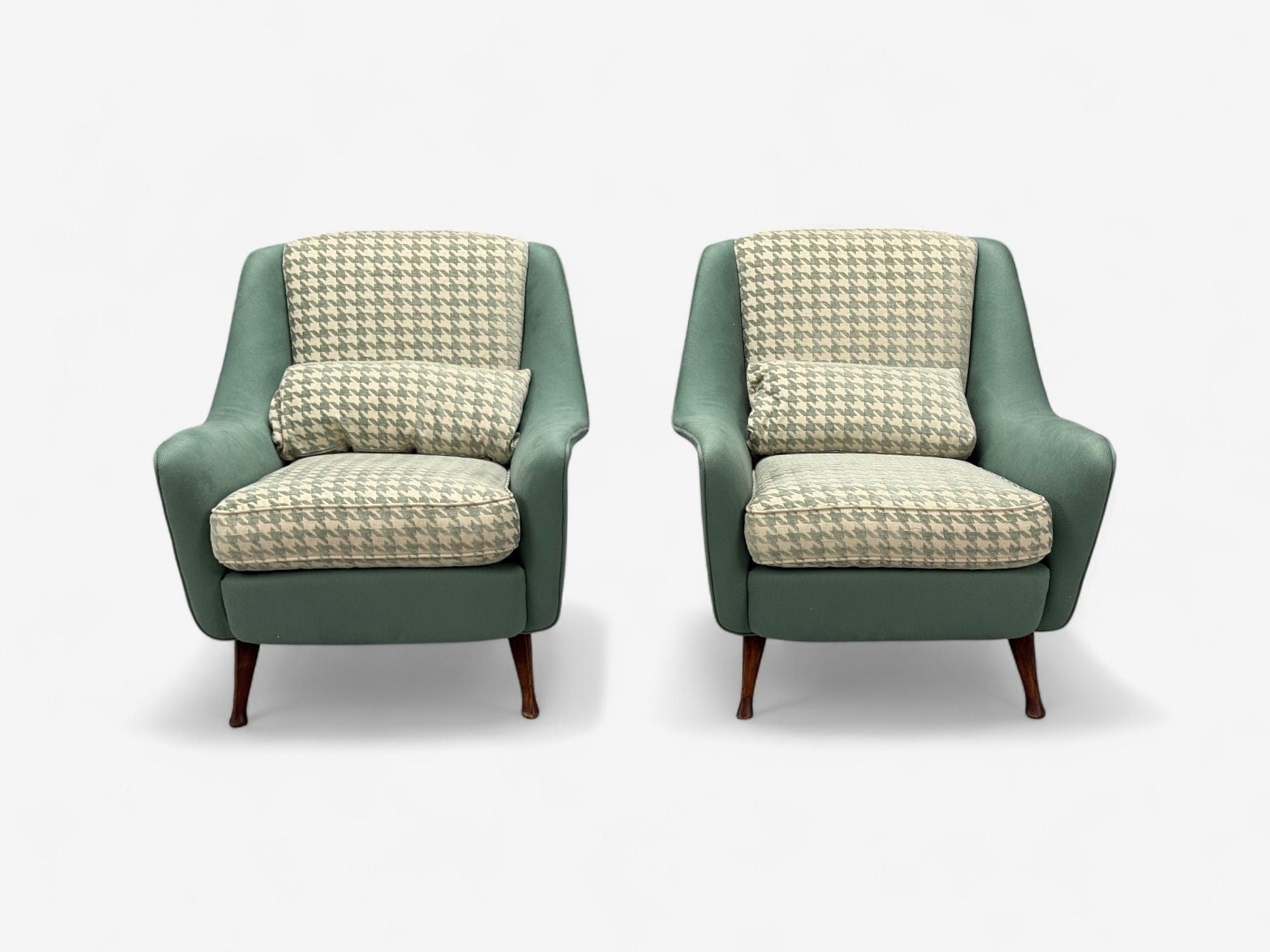 Carlo Pagani attr., Fabric, Wood, Lounge Chairs, Italy, 1950s
