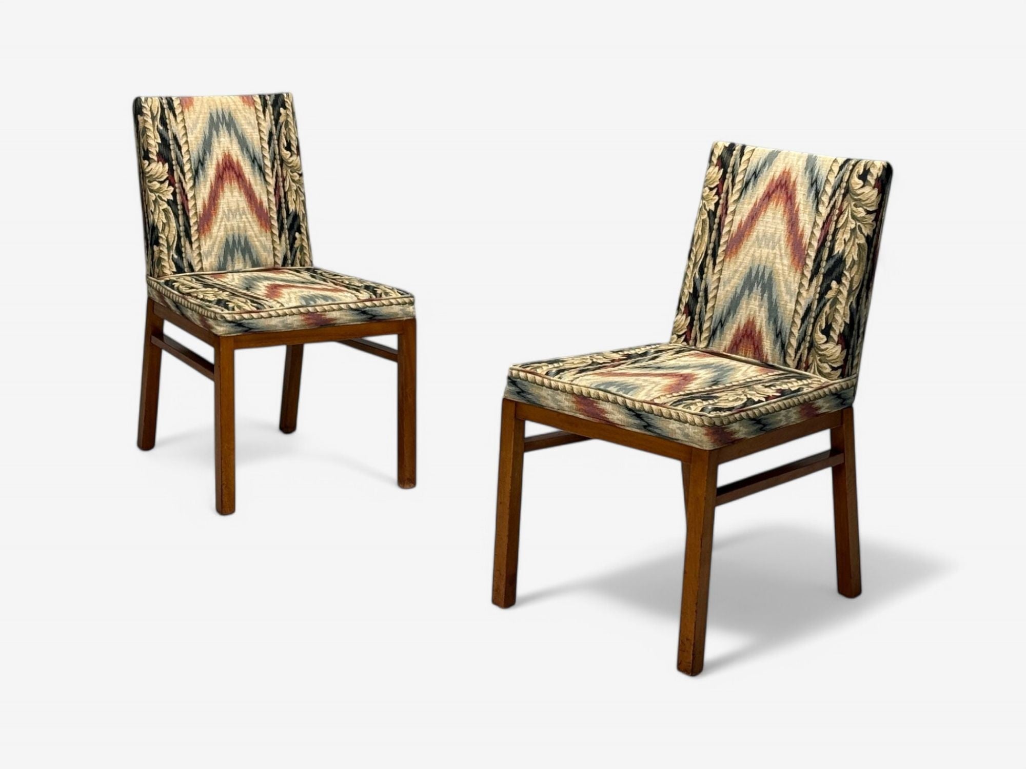 T.H. Robsjohn-Gibbings, Walnut, Scalamandre Fabric, Dining Chairs, USA, 1950s