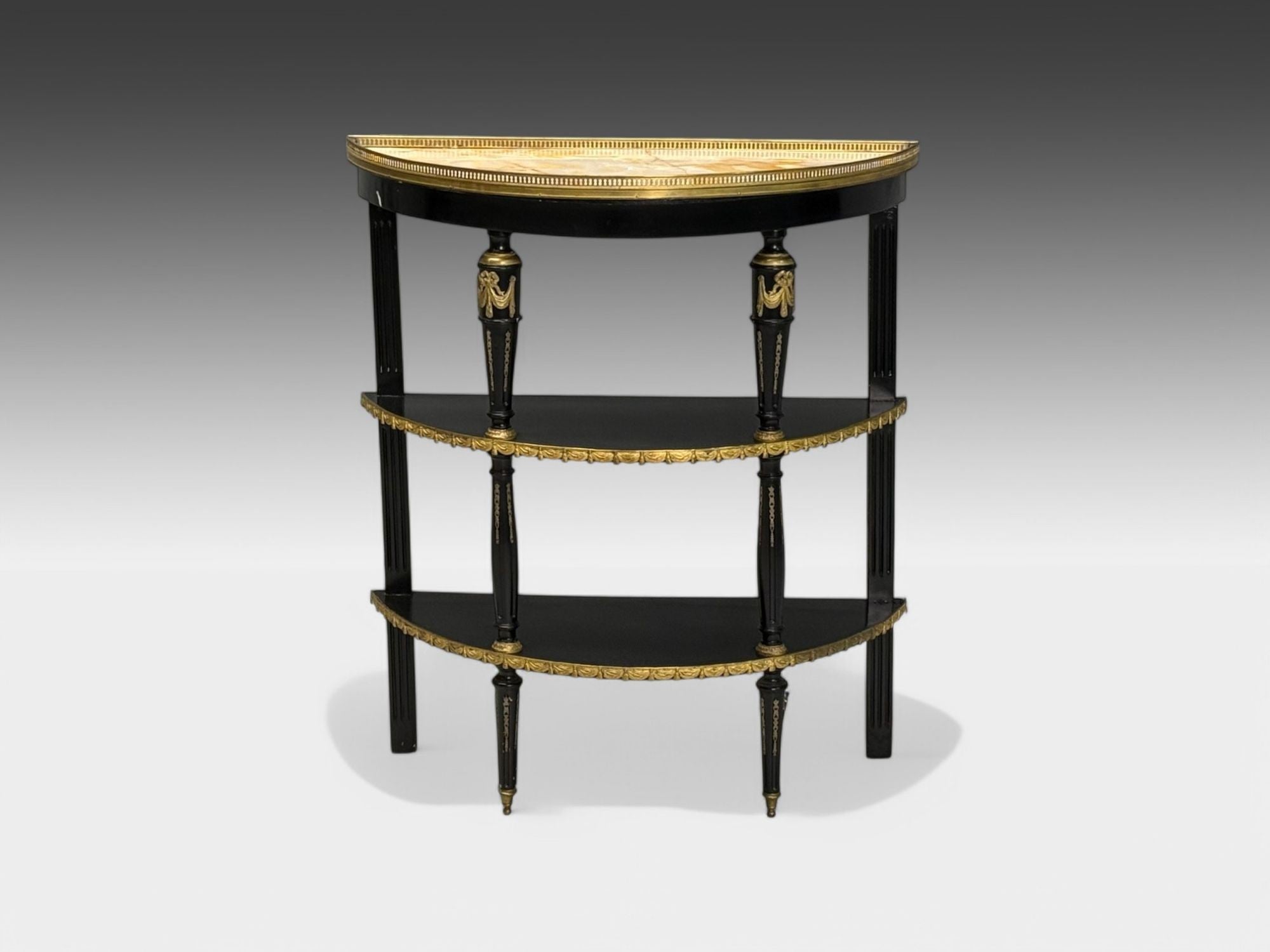 Hollywood Regency, Ebony Painted Wood, Onyx, Demilune Console Tables, 1930s