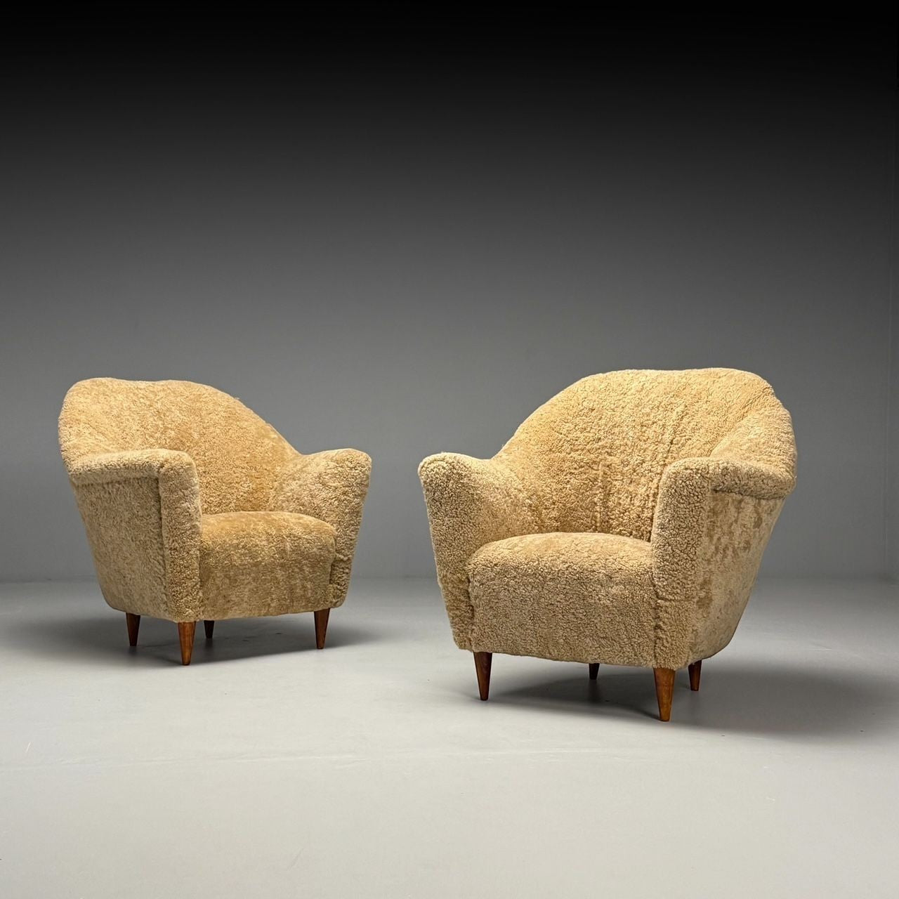 Italian Modern, Honey Shearling, Stained Wood, Lounge Chairs, Italy, 1950s