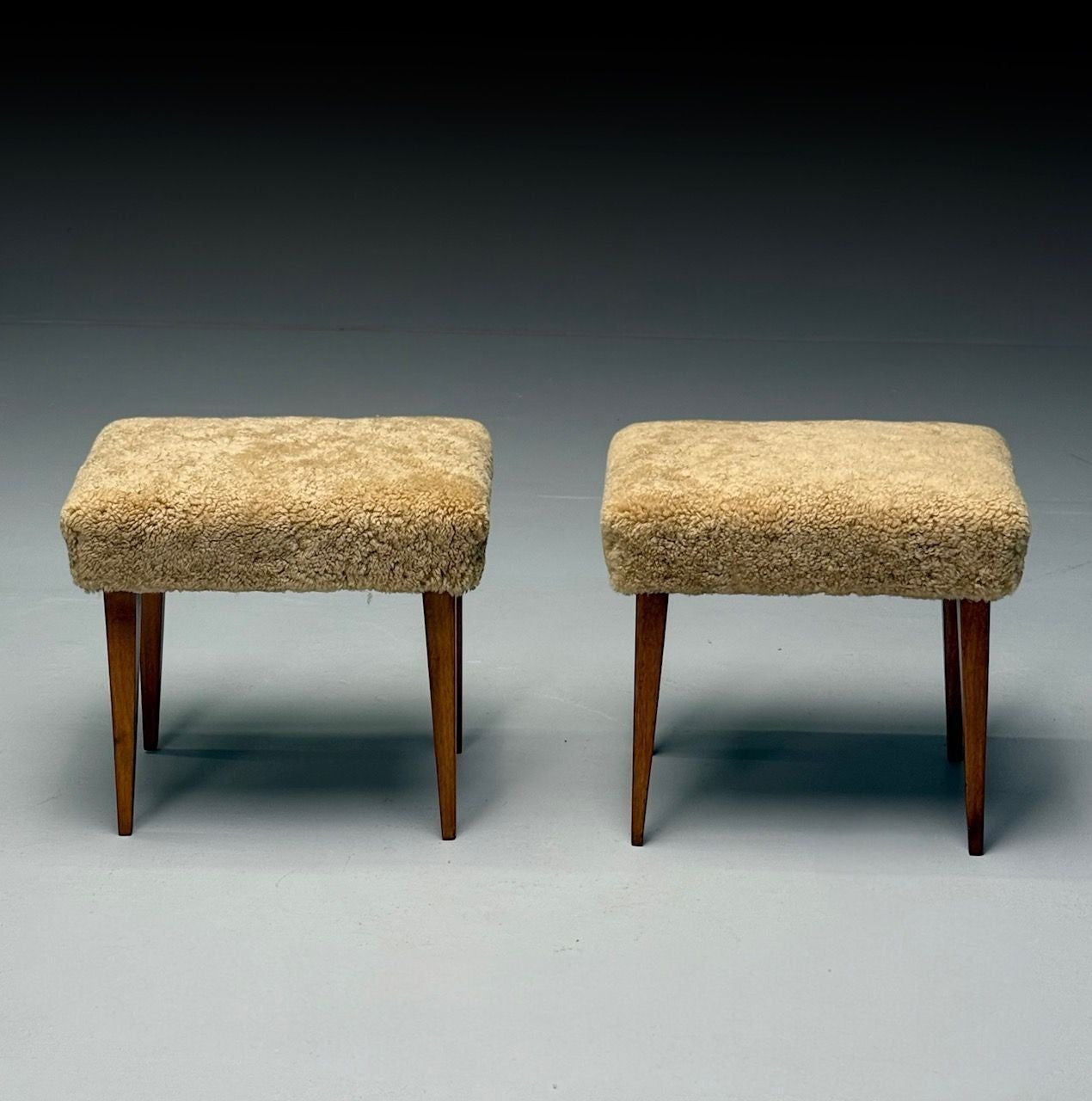 Mid-Century Modern, Footstools, Honey Sheepskin, Stained Wood, Italy, 1950s