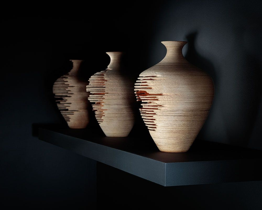 Marc Fish, Contemporary, Ash, Rose Gold Leaf, Three Triptych Vessels, UK, 21st c