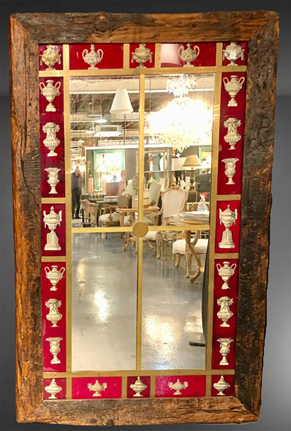 Rustic Italian Wall Mirror with Reverse Painted Classical Vases and Urns